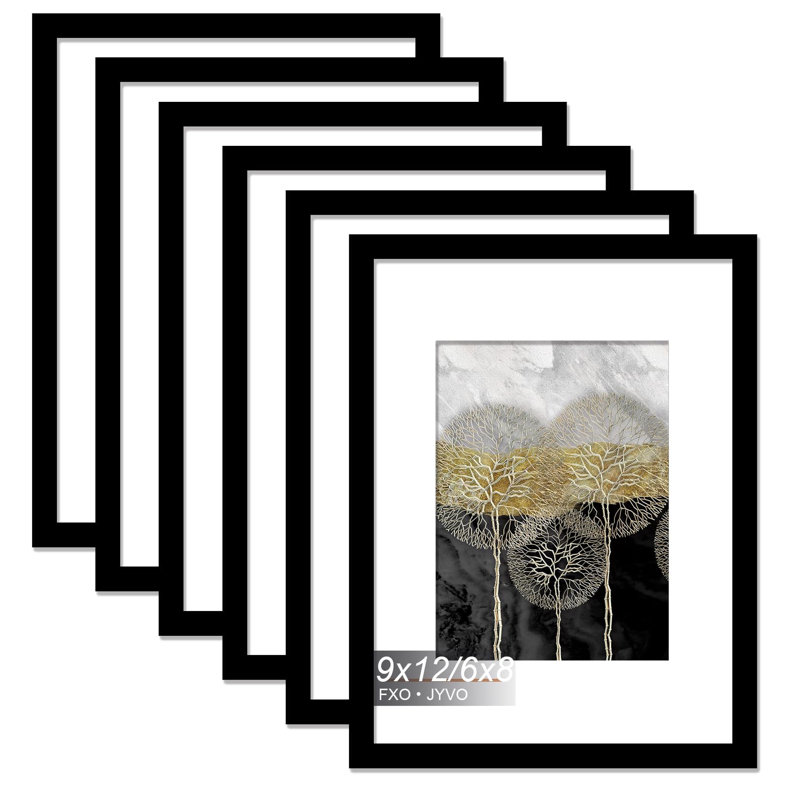 Fxojyvo 9x12 Picture Frame Set of 6, Display Photo 6x8 with Mat or 9 x 12 Without Mat, Light Weight and High Transparent 9 by 12