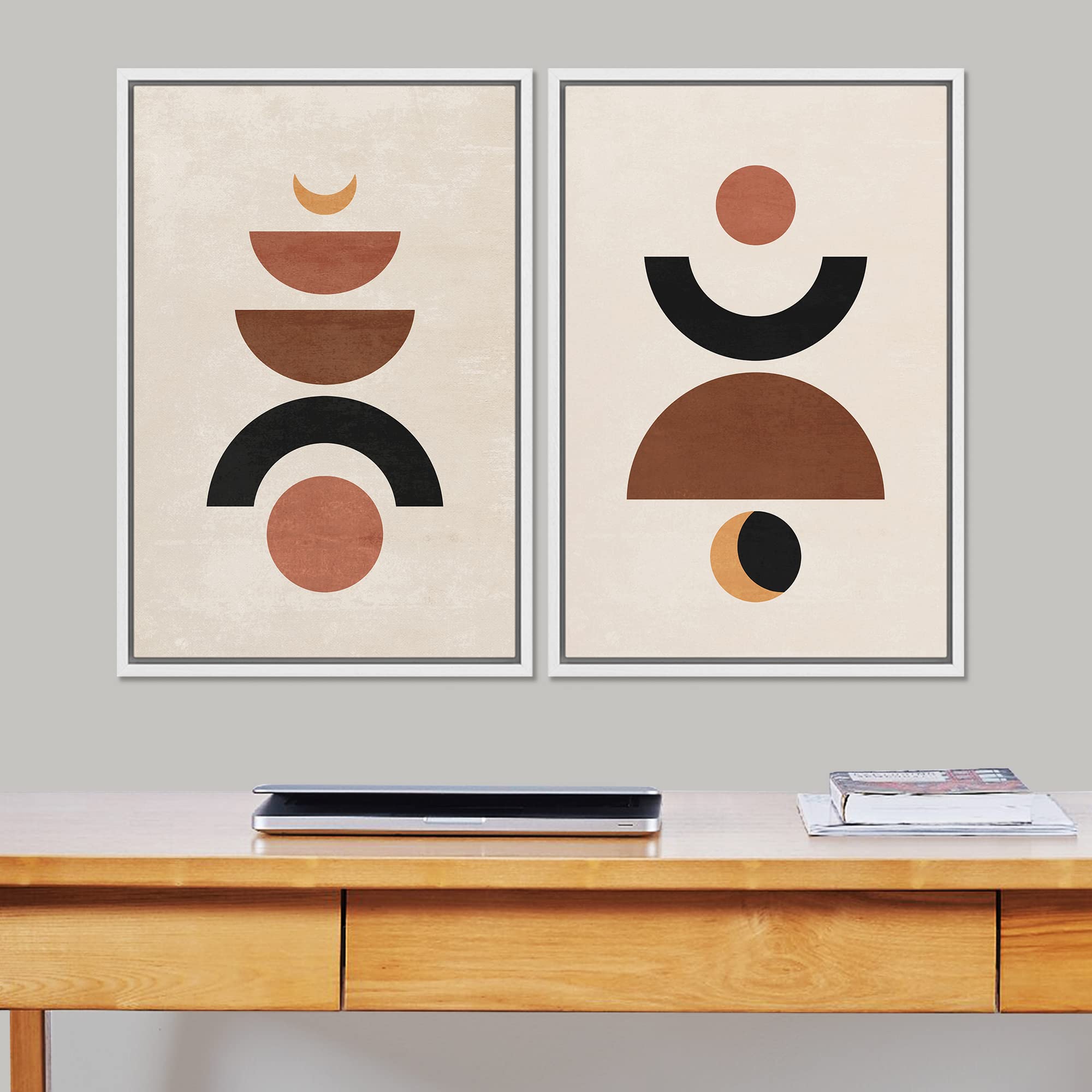 Signford Framed Canvas Print Wall Art Set Mid-Century Geometric Semi Circle Polygon Abstract Shapes Illustrations Modern Art Dec