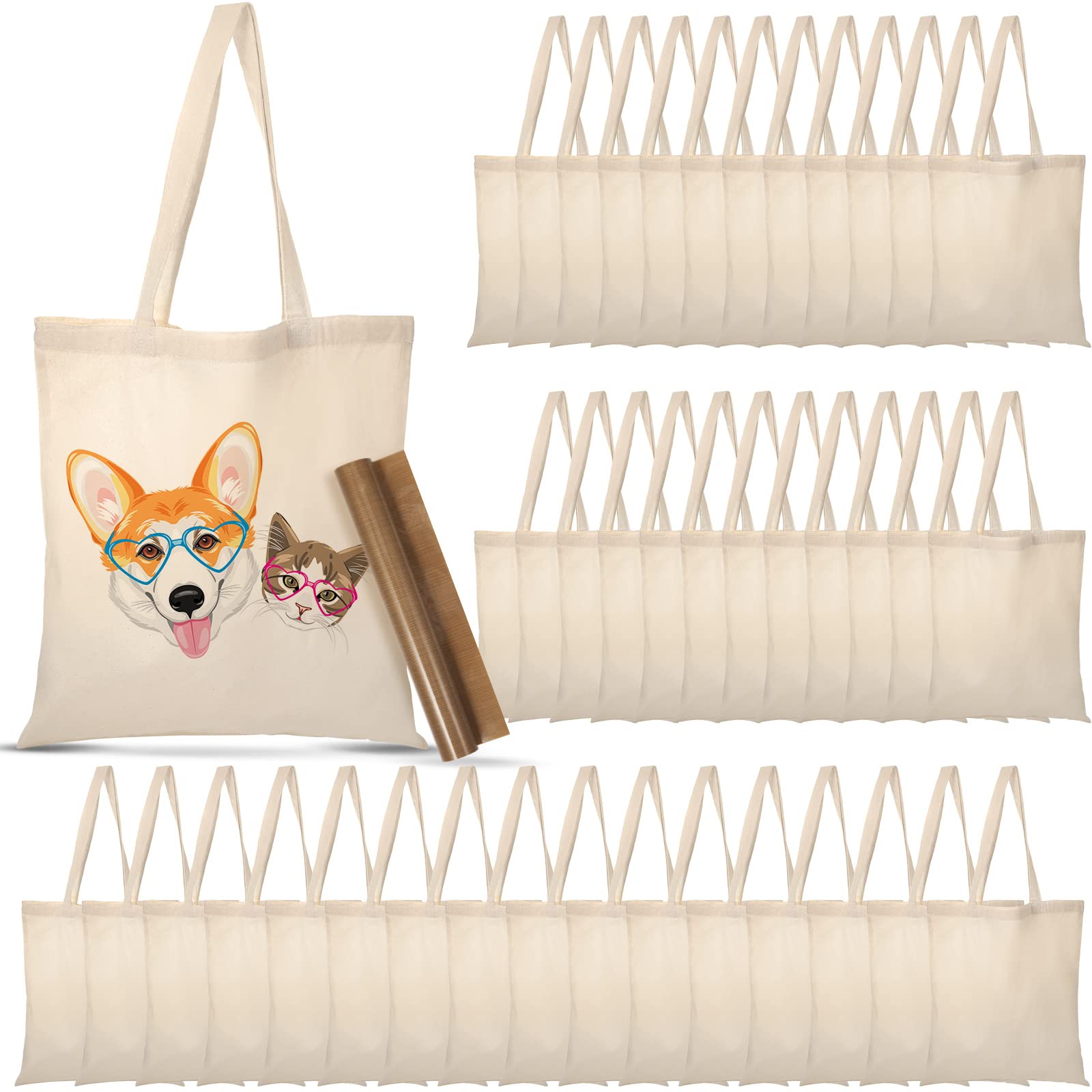 40 Pcs Canvas Tote Bags Bulk Sublimation Blank Natural Cotton Tote Reusable Grocery Cloth Large Shopping Bags And Ptfe Sheet For