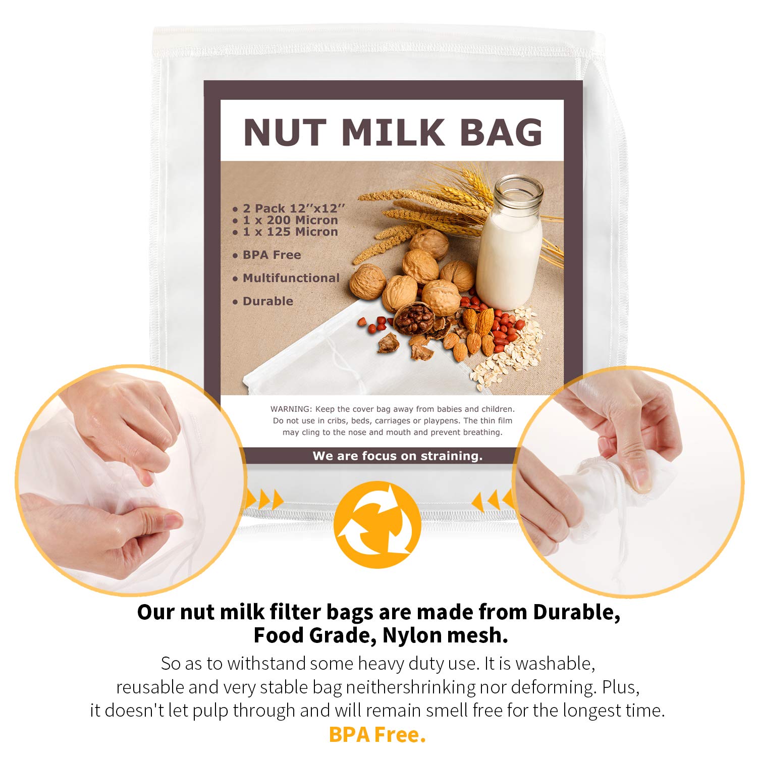 Nut Milk Bags  12''x12''  2 Pack  Reusable Nylon Food Strainer  Multi-use Food Grade Filter for Almond Milk  Juice  Tea  Cold Brew Coffee(1x200 Micron & 1x125 Micron)