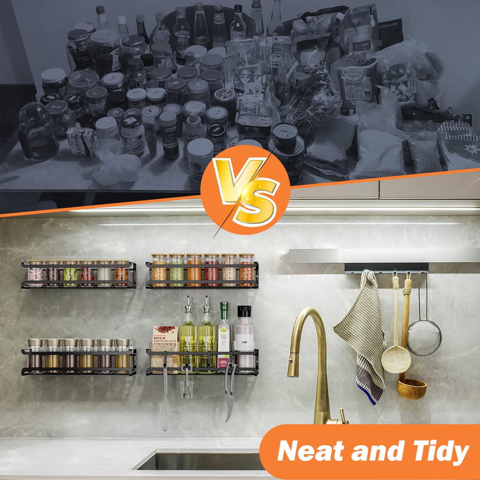 Bunoxea Spice Rack wall mounted 4 Pack, Space-Saving Spice Organizer for Spice Jars and Seasonings,Screw or Adhesive Hanging Spi