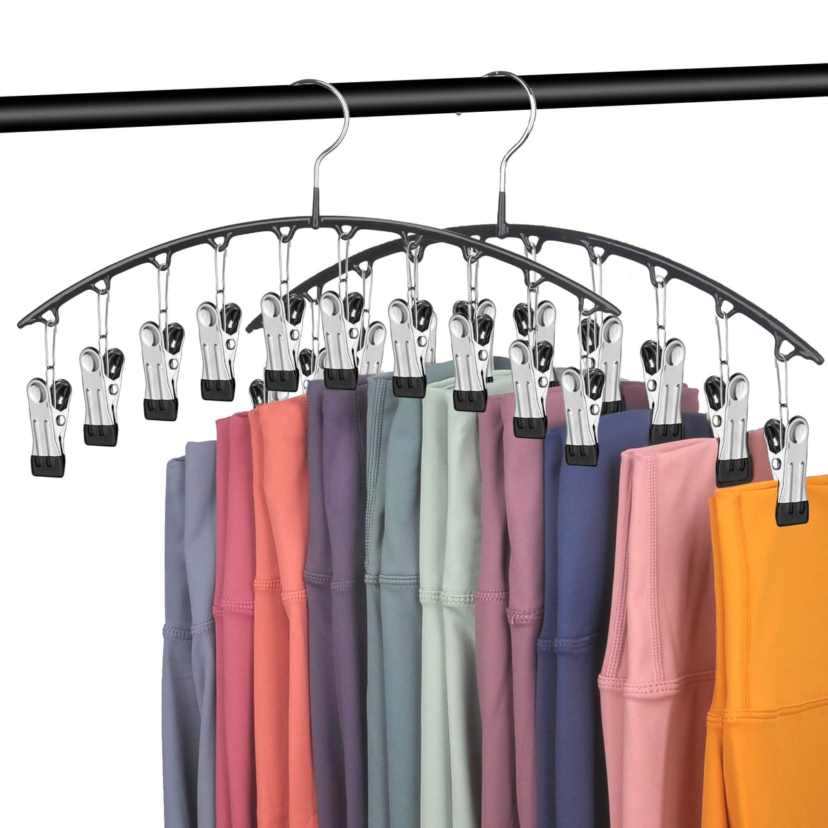 Legging Organizer For Closet, Pants Hangers With Clips Holds 20 Leggings, 2 Pack Metal Yoga Pants Hangers With Rubber Coated Cli