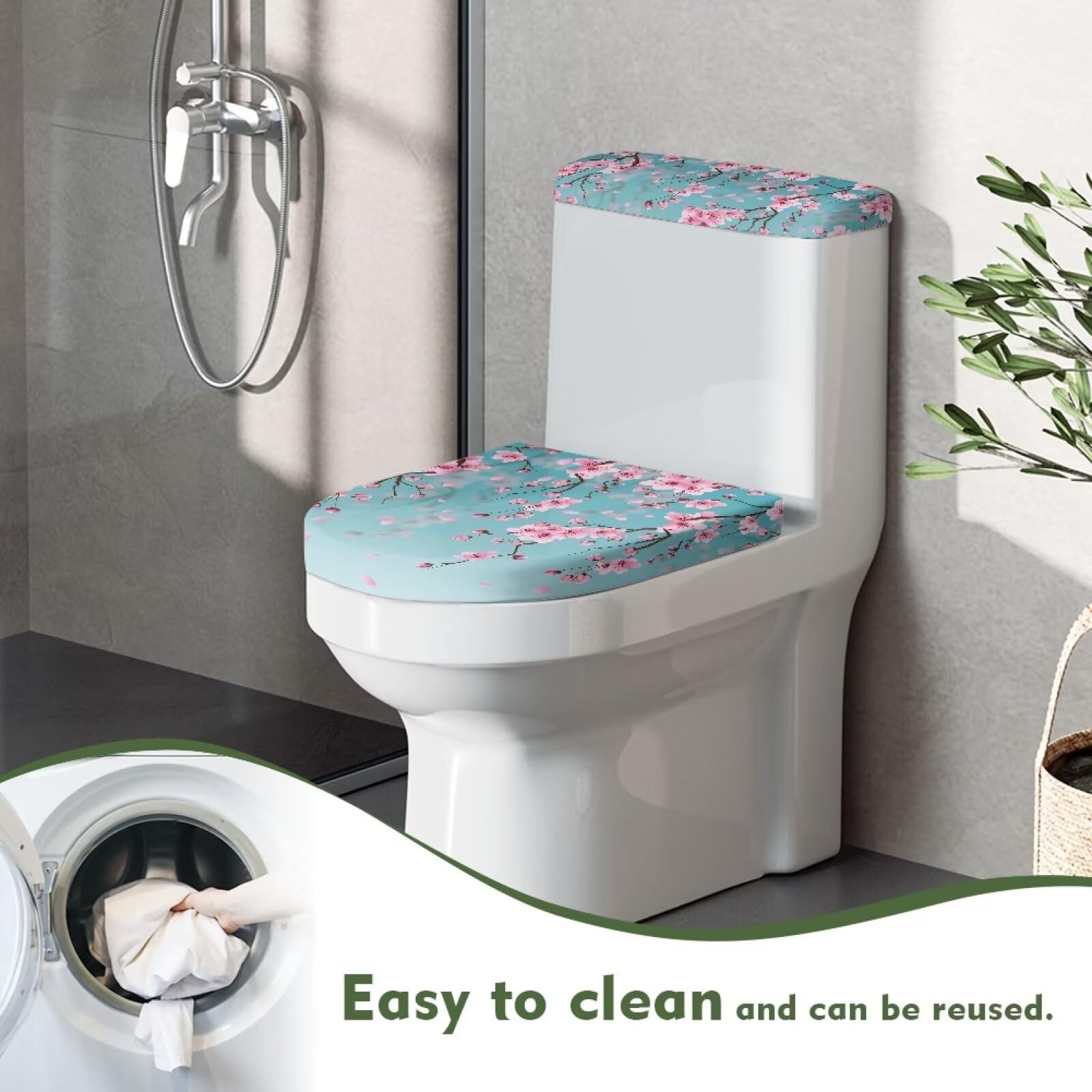 Darisoco Cherry Blossom Blue Bathroom Toilet Lid Seat Cover & Toilet Tank Lid Cover Machine Washable Fits Most Standard Toilet 1