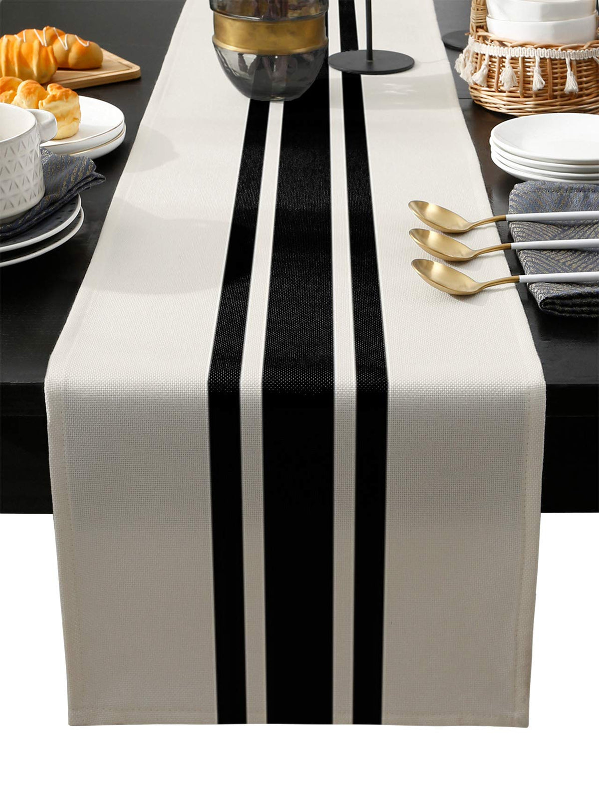Rural Farmhouse Black Line Stripes Burlap Table Runner 108 Inches, Beige Bed Runner Dresser Scarves Tabletop For Indoor Outdoor