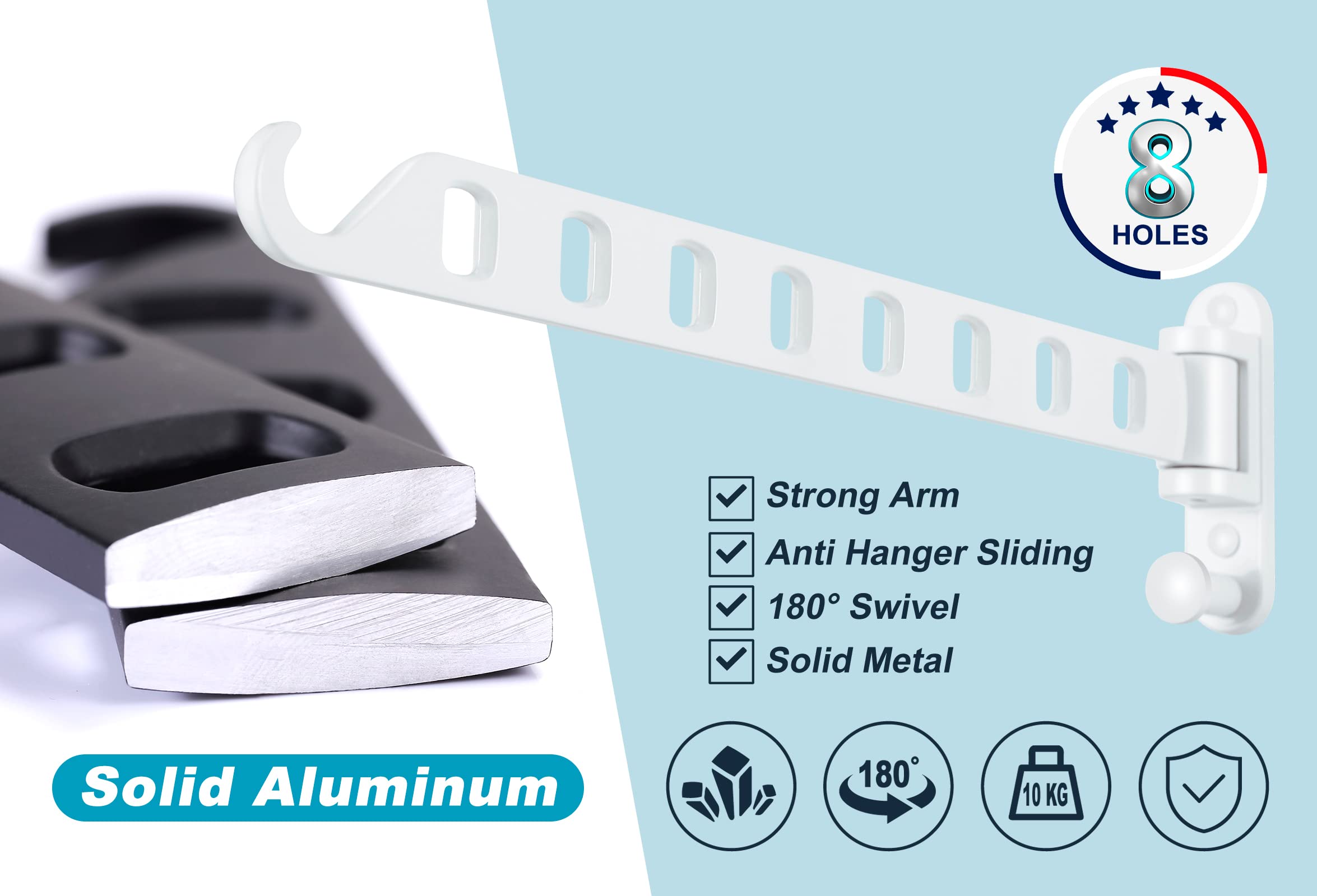 Skiken White Laundry Clothes Hanger Rack With 8 Holes, Wall Mount Laundry Room Hanger Swing Arm, 180Rotation, Folding Wall Hange