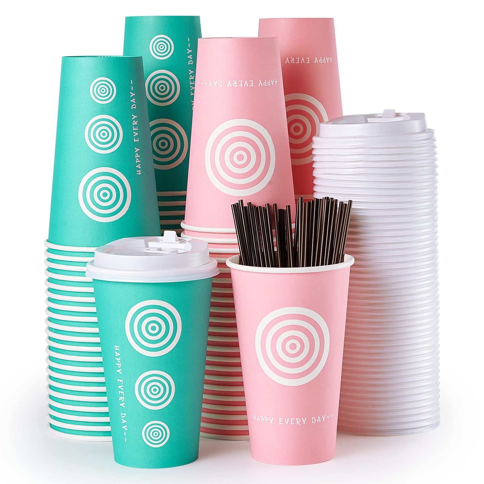 Jollypack 16 Oz Paper Cups, 100 Pack Disposable Coffee Cups With Lids And Stirrers, Hot Paper Cups For Cold/Hot Coffee, Juice, T