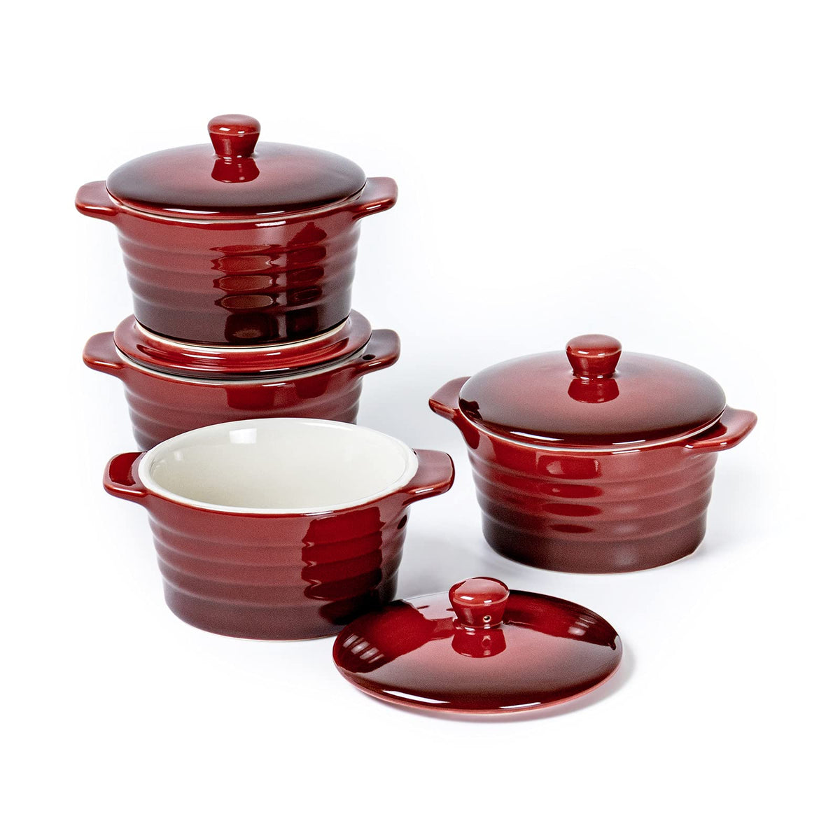Unicasa 8 Oz Ceramic Ramekins With Lid, Mini Casserole Dish With Handles Set Of 4, Porcelain Small Baking Dish, Round Small Coco
