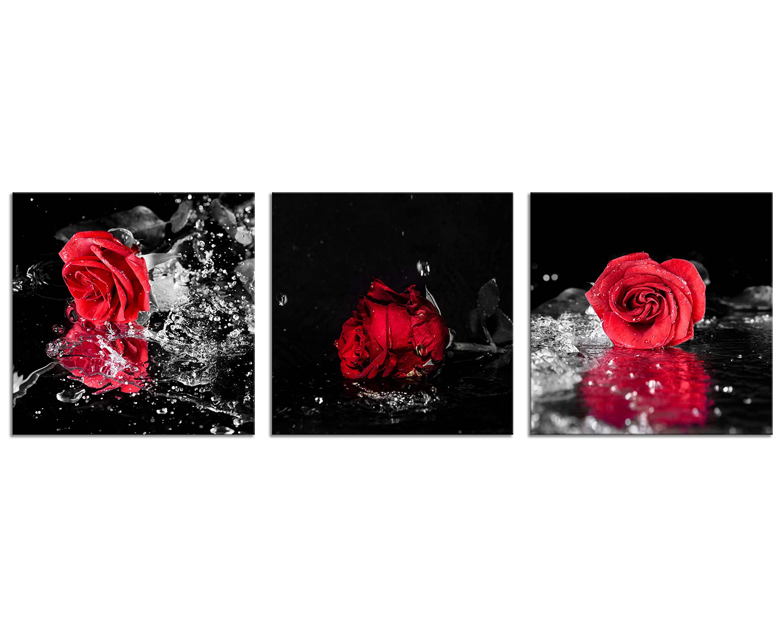 Nan Wind 3 Pcs Modern Canvas Painting Black And White Red Rose Canvas Art Rose And Water Drops Wall Art Flower Picture On Canvas