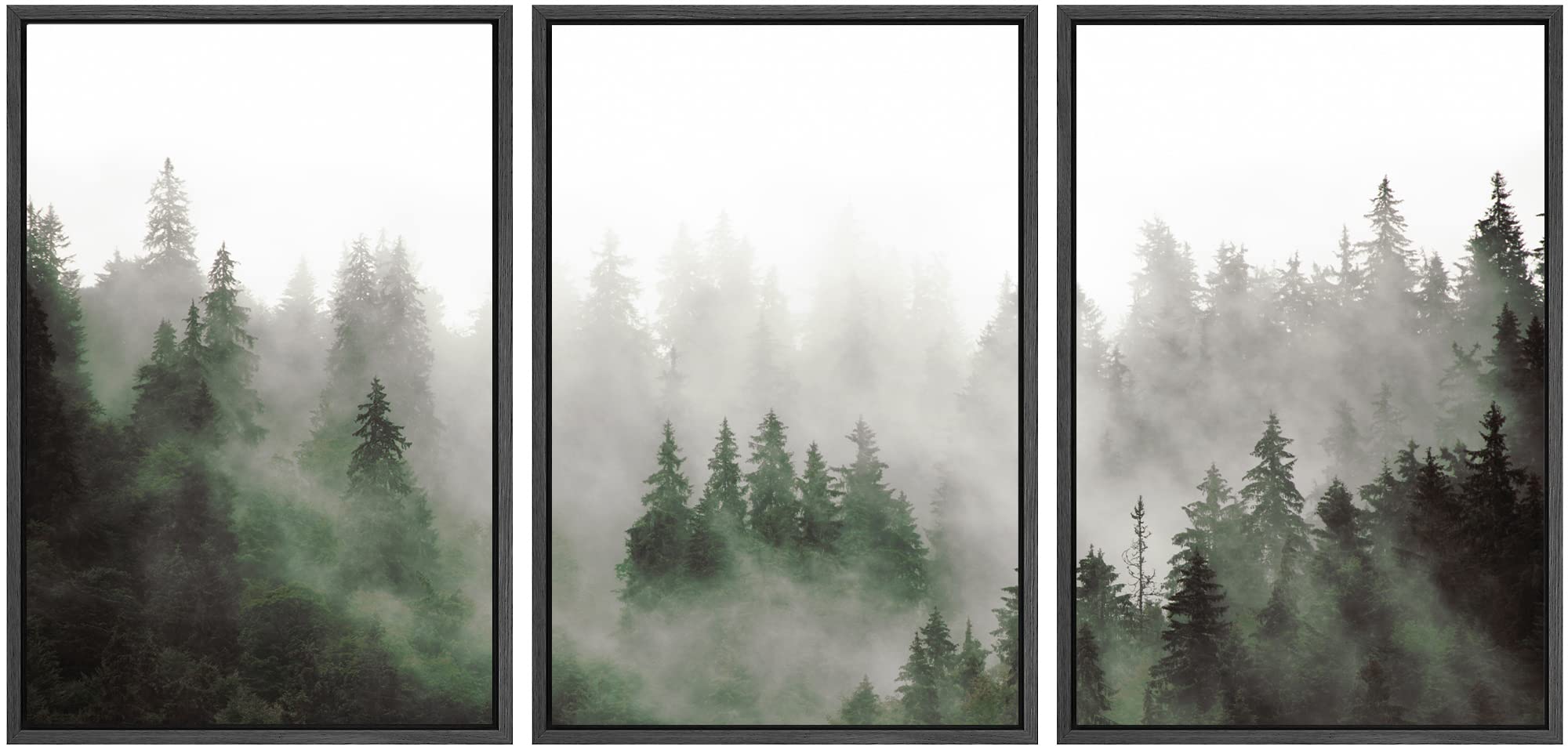 Signwin Framed Canvas Print Wall Art Woodland Nursery Decor Set Fog & Mist Over Green Pine Tree Forest Nature Wilderness Modern