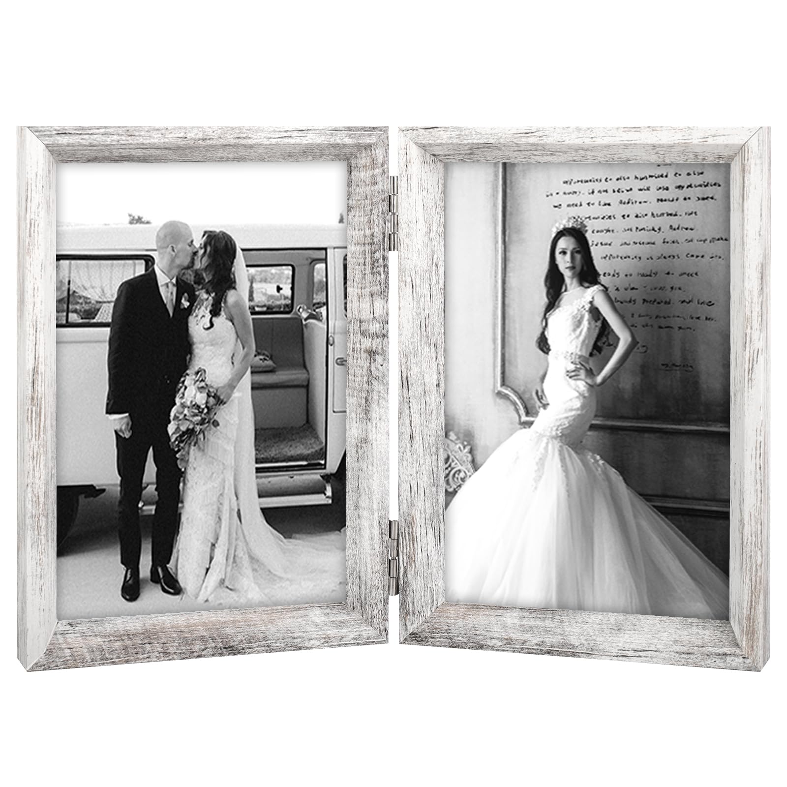 TOFOREVO 4x6 Double Picture Frame Distressed White Wooden Hinged Beveled Photo Frame Definition Glass 2 Vertical Openings Stand 