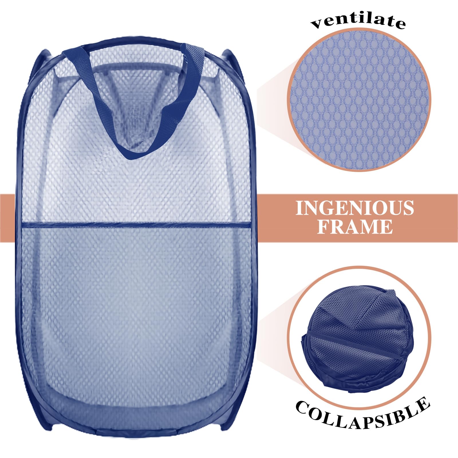 Buyongwant Collapsible Pop Up Laundry Hamper, Mesh Foldable Laundry Basket, Extra Large - 28'' X 16'' X 16'' (Blue)