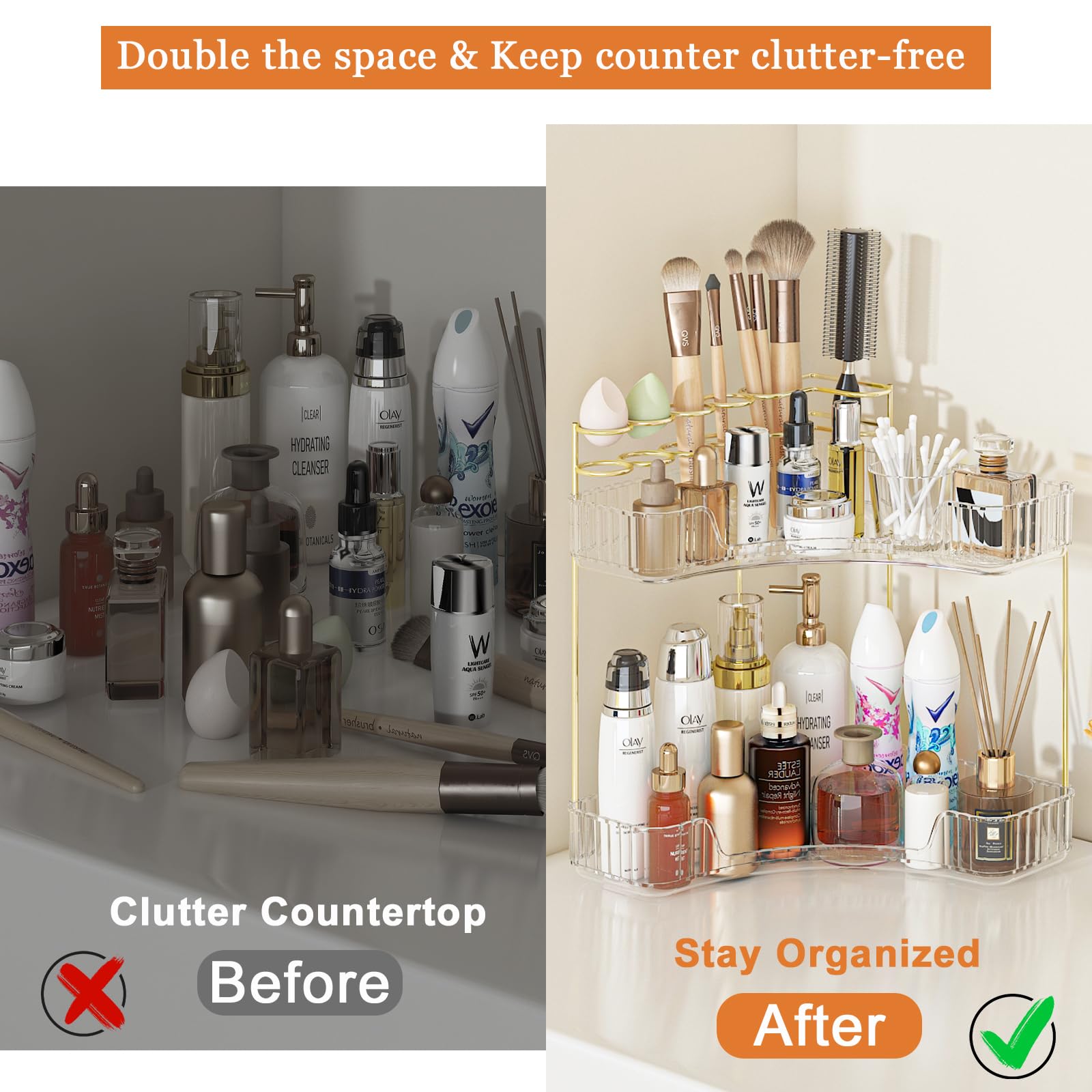 Webetop Corner Makeup Organizer For Vanity, 2 Tier Bathroom Cosmetics Organizer Countertop With Makeup Brush Holder Corner Count