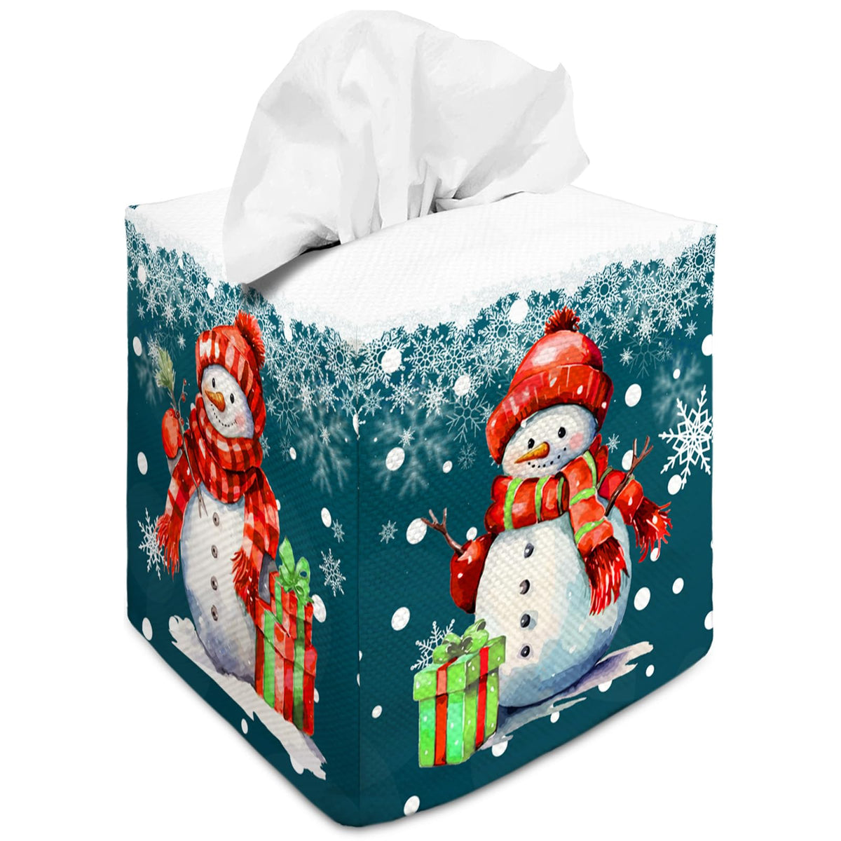Tissue Box Cover Square Canvas Decorative Tissue Box Holder Cute Funny Cube Tissue Case Cover-Xmas Decor Christmas Snowman Tissu