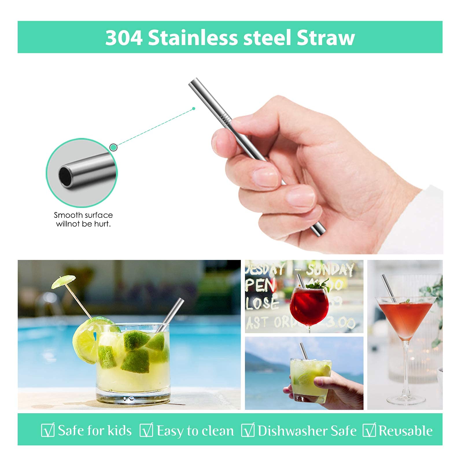 Teivio 12 Pack + Cleaning Brush, 5-Inch Extra Short Reusable Stainless Steel Drink Straws For Cocktails, Small Glasses Or Cups (