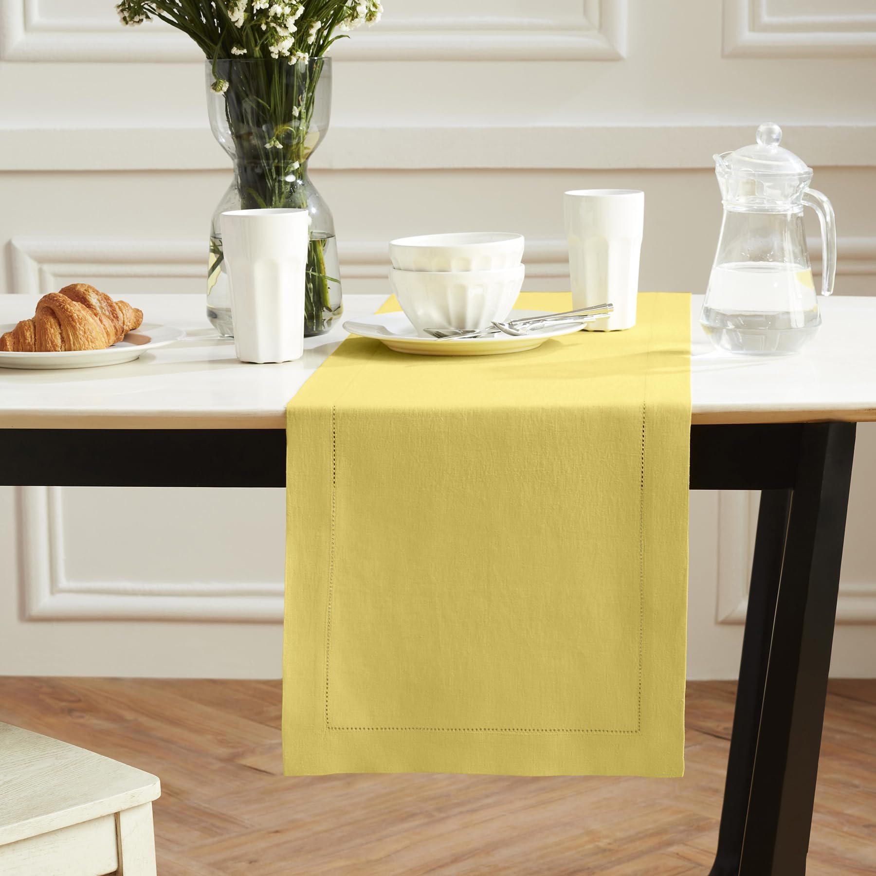 Solino Home Linen Yellow Table Runner 120 Inches Long - Sonoma Hemstitch 100% Pure Linen Prewashed Dining Table Runner 14 X 120