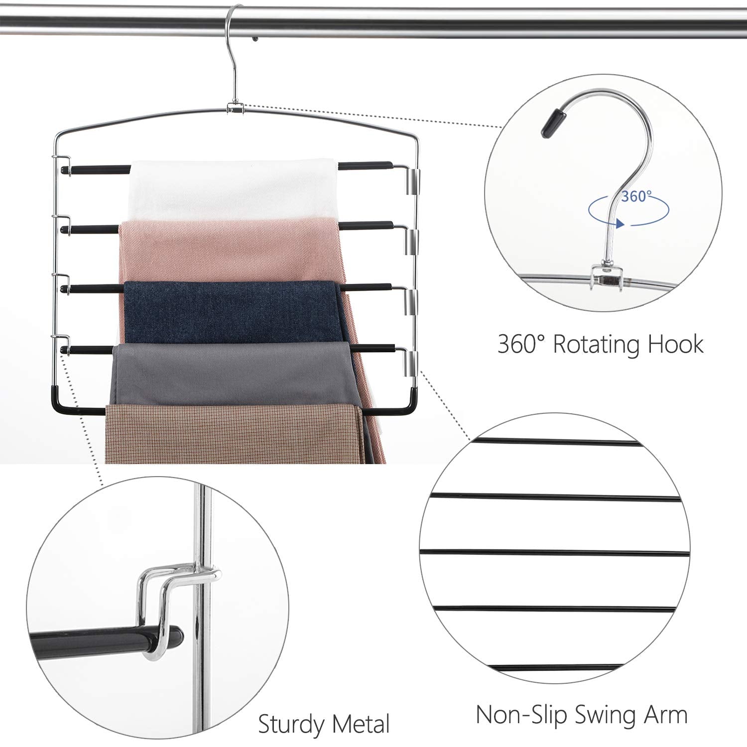 Feerahozer Pants Hangers Non Slip 6 Pack Space Saving Hangers Multi-Layer Swing Arm Pants Hanger Stainless Steel Space Saver Han