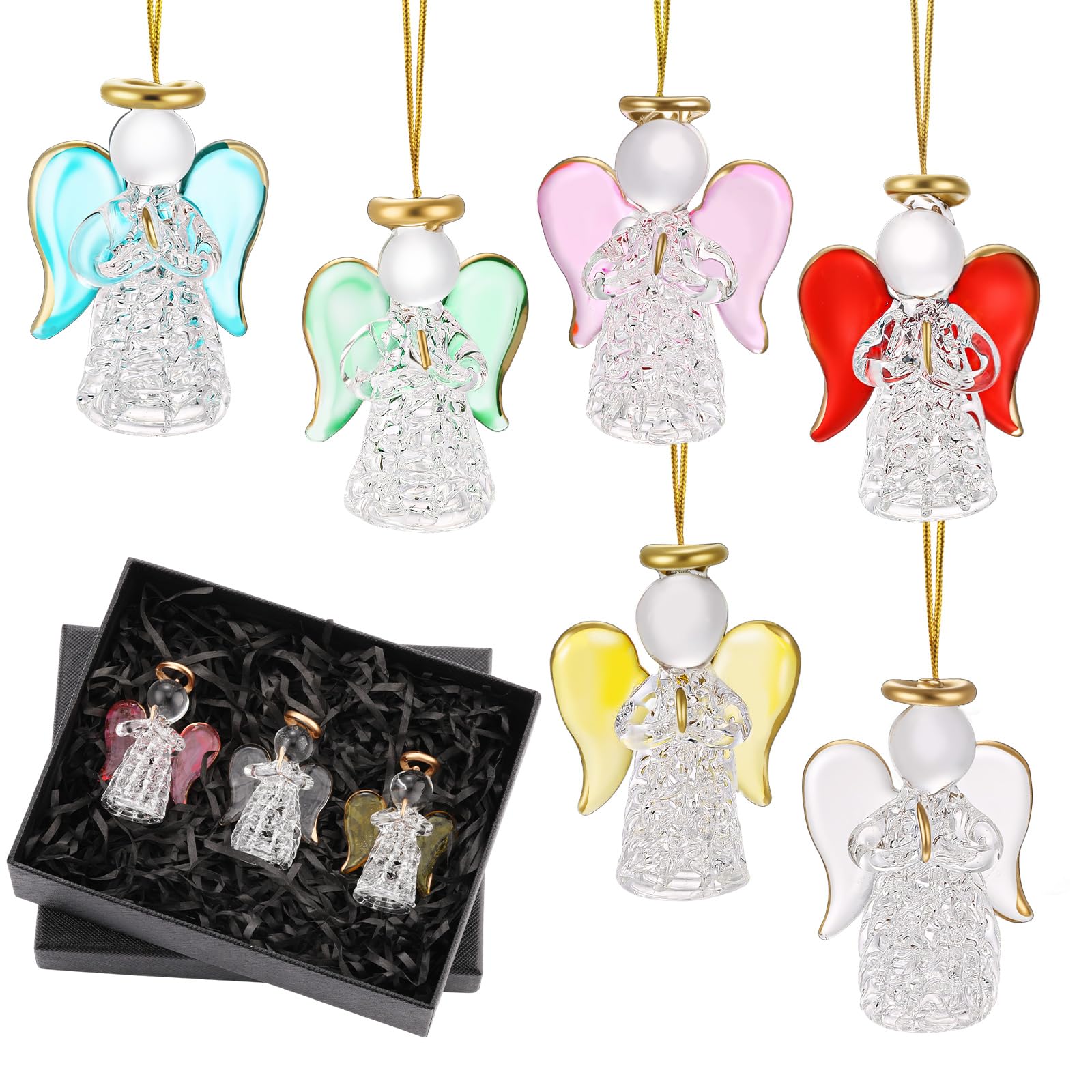 CroBlissful 6 Pcs Crystal Angel Figurines Christmas Ornaments Glass Guardian Angel Ornaments Hanging Decor Christmas Church Gift
