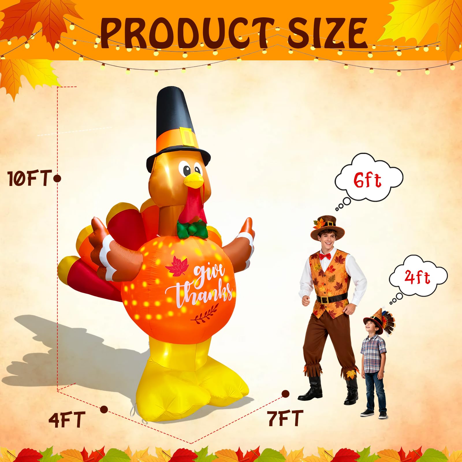 inslife 10FT Tall Thanksgiving Inflatables Turkey with Pumpkin Belly, Blow Up Turkey inflatables Built-in Rotating Snowflake Lig