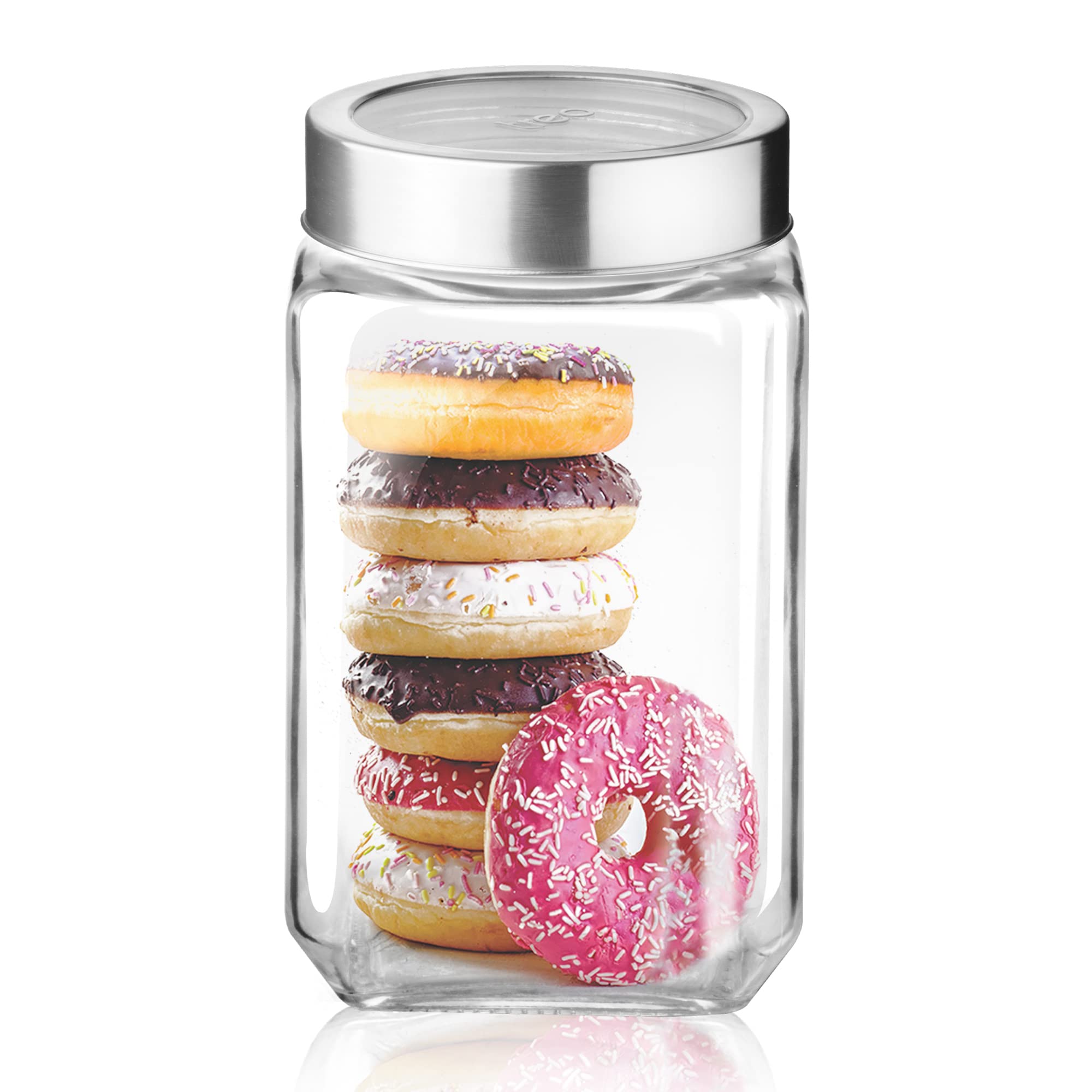 Treo By Milton Cube Storage Containers, 1800 Ml, Glass Jar With Air Tight Steel Lid, 1 Piece, Transparent Jars For Snacks, Pulse