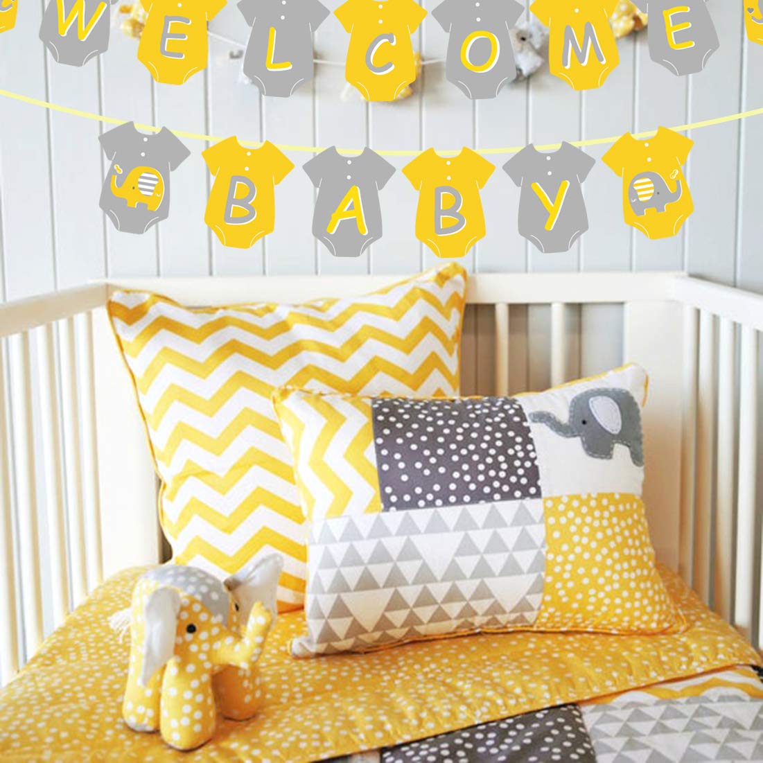 Joymemo Yellow Grey Elephant Baby Shower Decorations Neutral For Boy Or Girl, Welcome Baby Banner Elephant Garland Confetti Ball