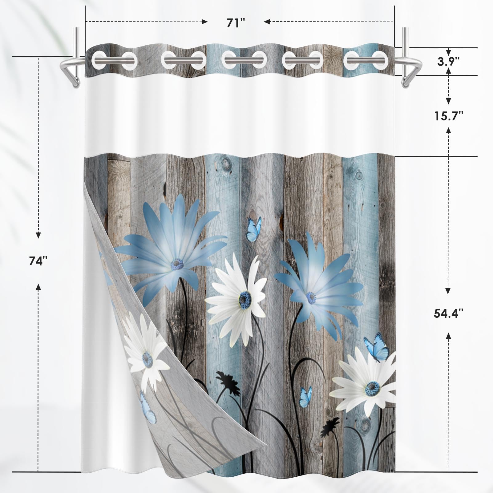 Nesphy No Hook Rustic Farmhouse Shower Curtain With Snap In Fabric Liner Set, Blue Daisy Flowers And Butterfly On Wooden Double