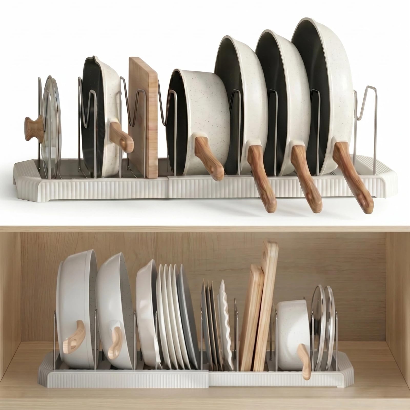 Expandable Pot, Pan And Lid Organizer For Cabinet, 7 Stainless Dividers