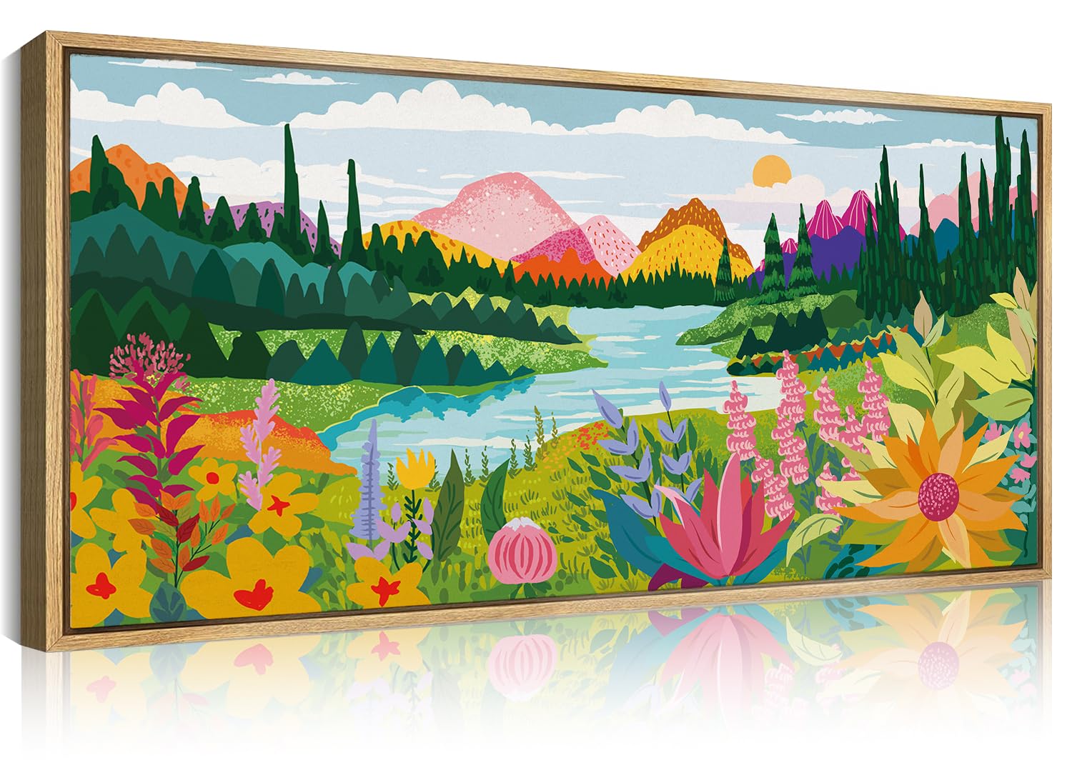 Anhuib Colorful Floral Wall Art 20X40 Inch Abstract Flower Wall Decor Green Forest Painting Muticolor Mountain Range Artwork For