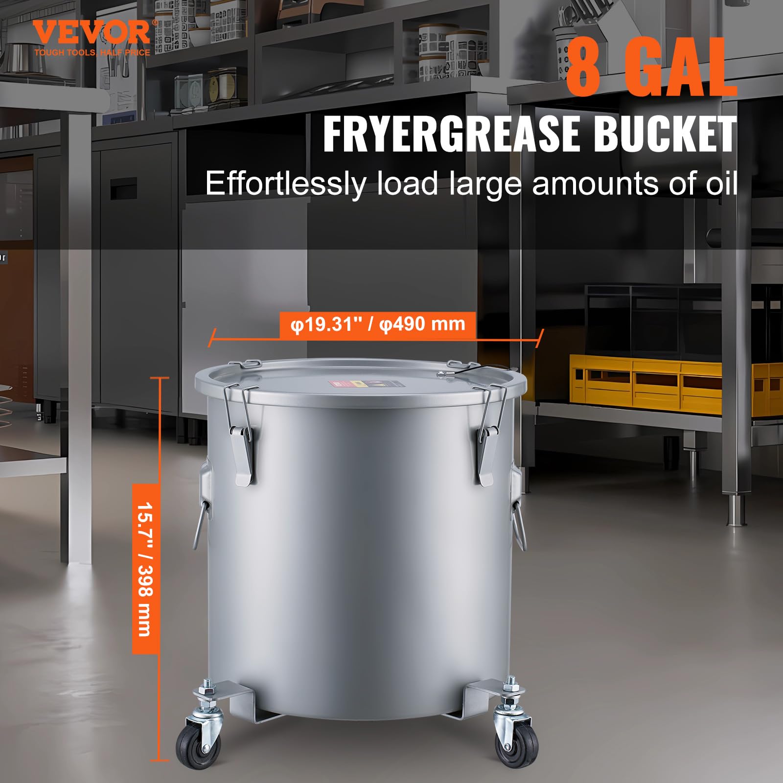 Vevor Fryer Grease Bucket, 8 Gal Oil Disposal Caddy With Caster Base, Carbon Steel With Rust-Proof Coating, Oil Transport Contai
