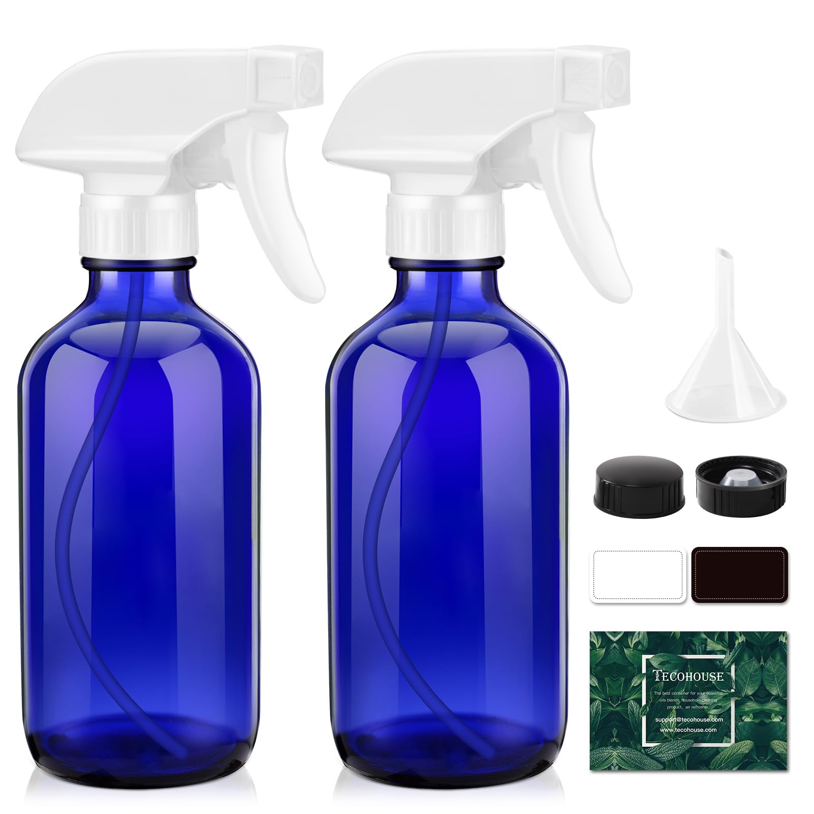 Tecohouse Glass Spray Bottle 8 Oz, Blue Small Empty Refillable Sprayer Container With Labels, Funnel, Lids, Graduated Pipettes -