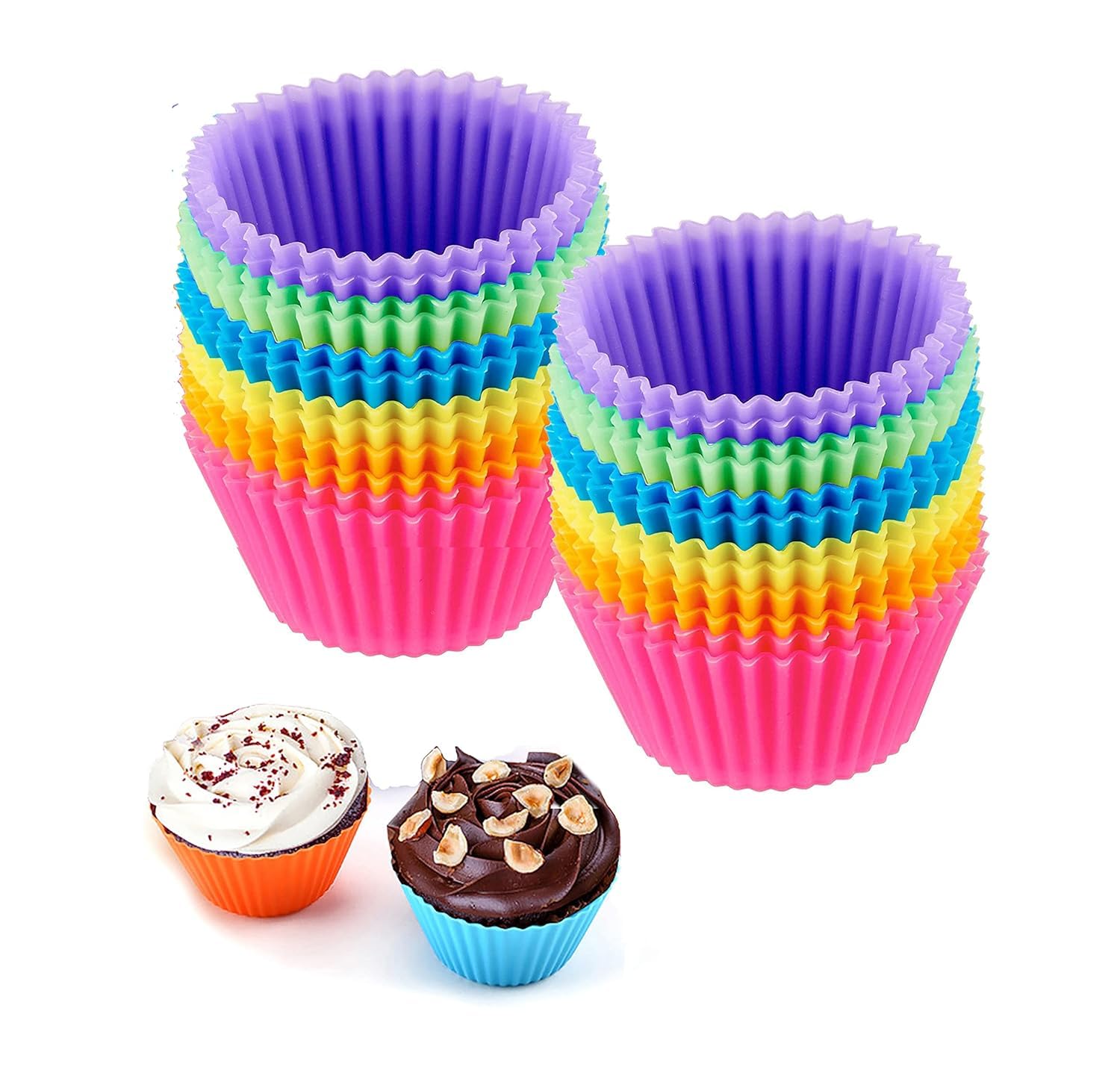 Reusable Silicone Cupcake Baking Cups 24 Pack, 2.75 Inch Cups, & Non-Stick Muffin Liners For Party Halloween Christmas,6 Rainbow