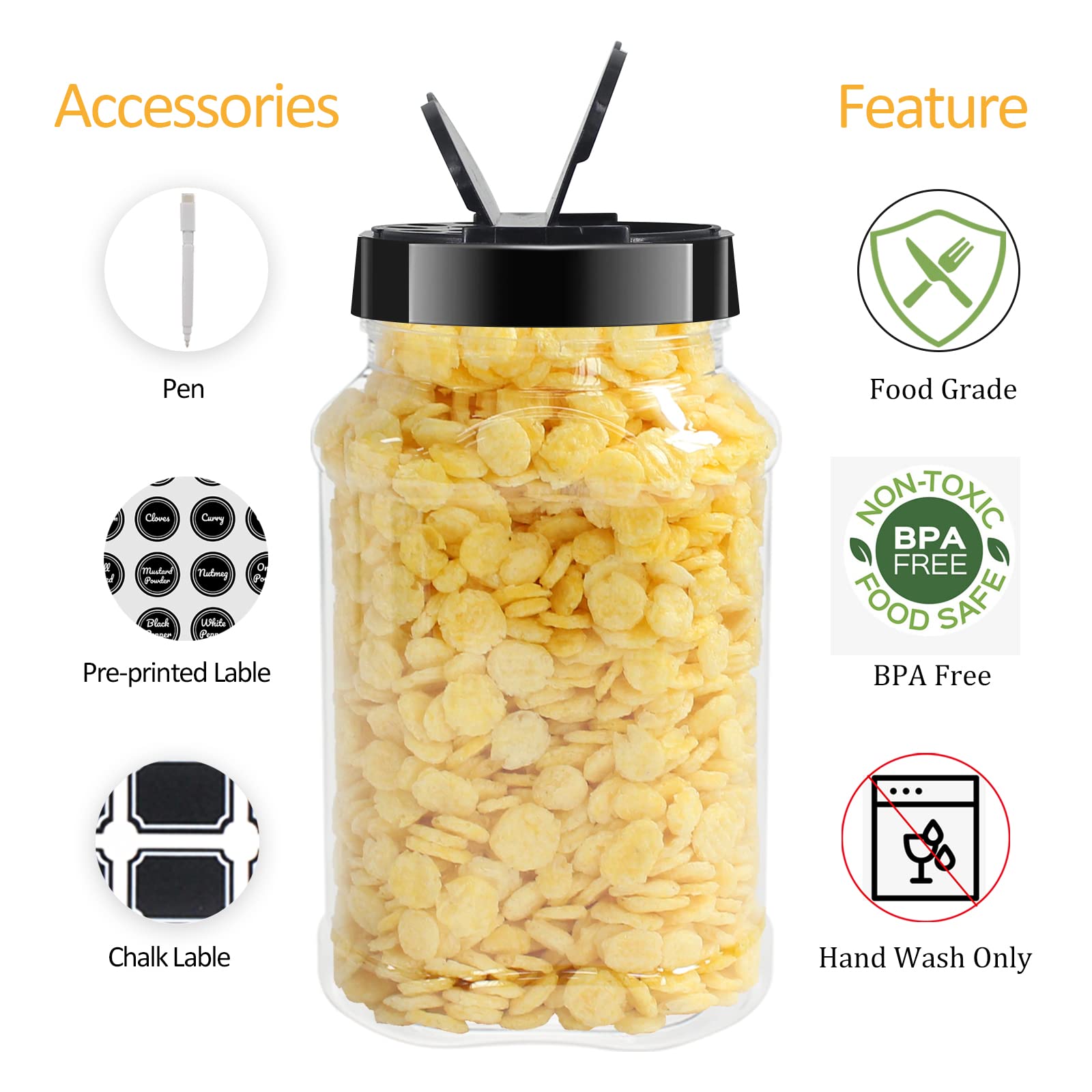 Bpfy 12 Pack 16 Oz Clear Plastic Spice Jars With Black Plastic Lids, Plastic Spice Bottles, Plastic Seasoning Containers With Ch