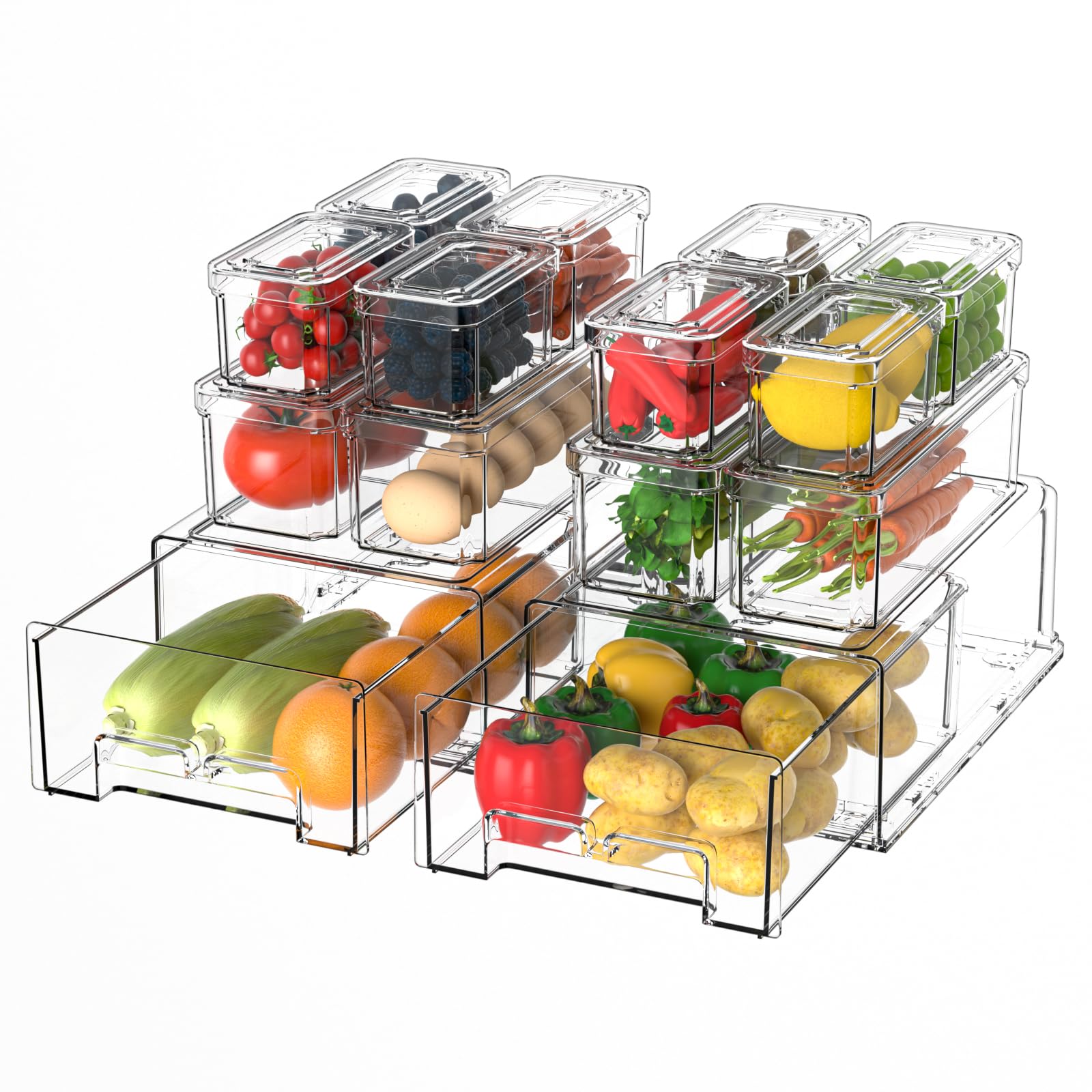 damynuo 14 Pack Clear Fridge Organizer with Lids and Refrigerator Drawers