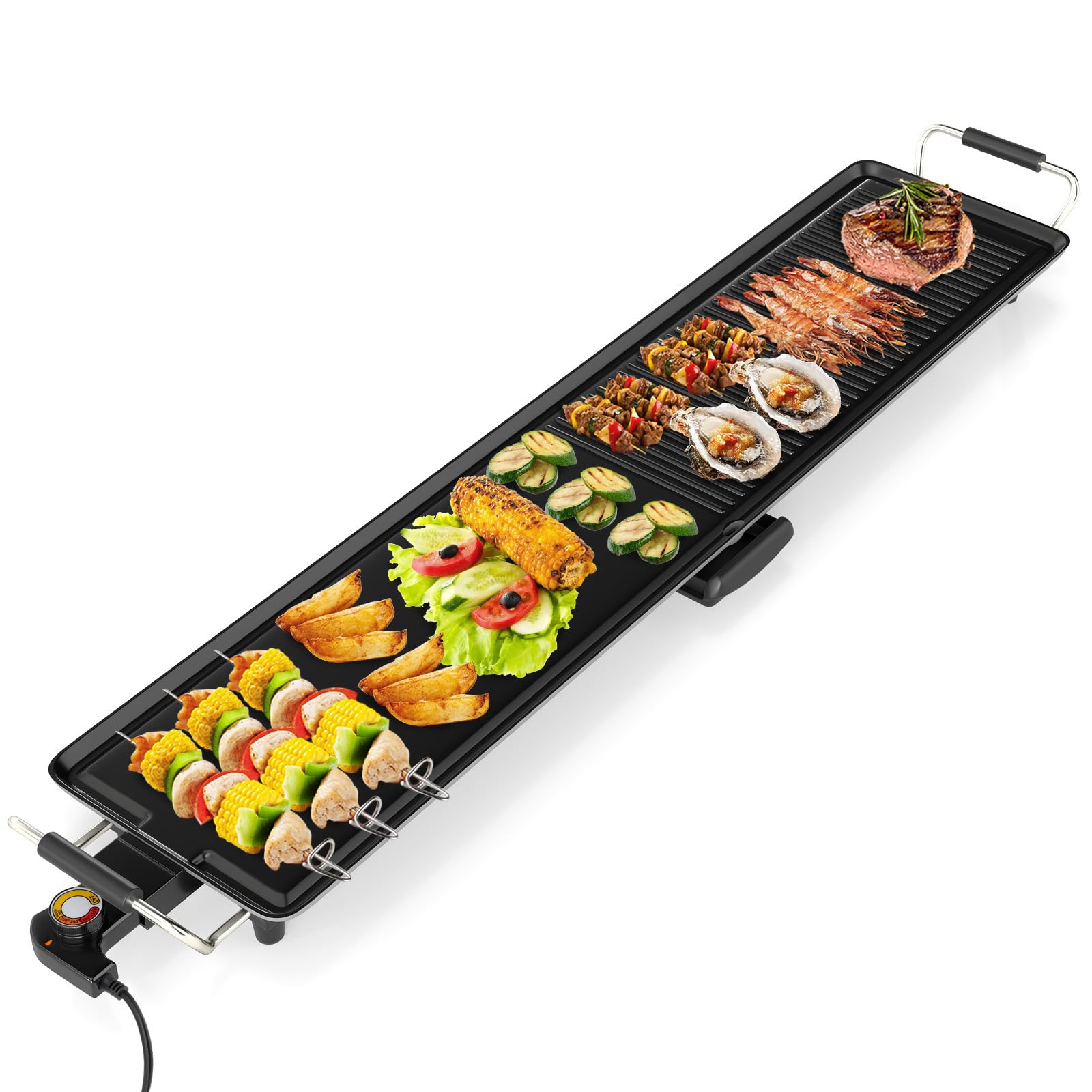 LDAILY 39.5 Extra Large Nonstick Electric Griddle, Teppanyaki Grill BBQ W/ 4 Adjustable Temperature, Even Heating & Handles, Lon