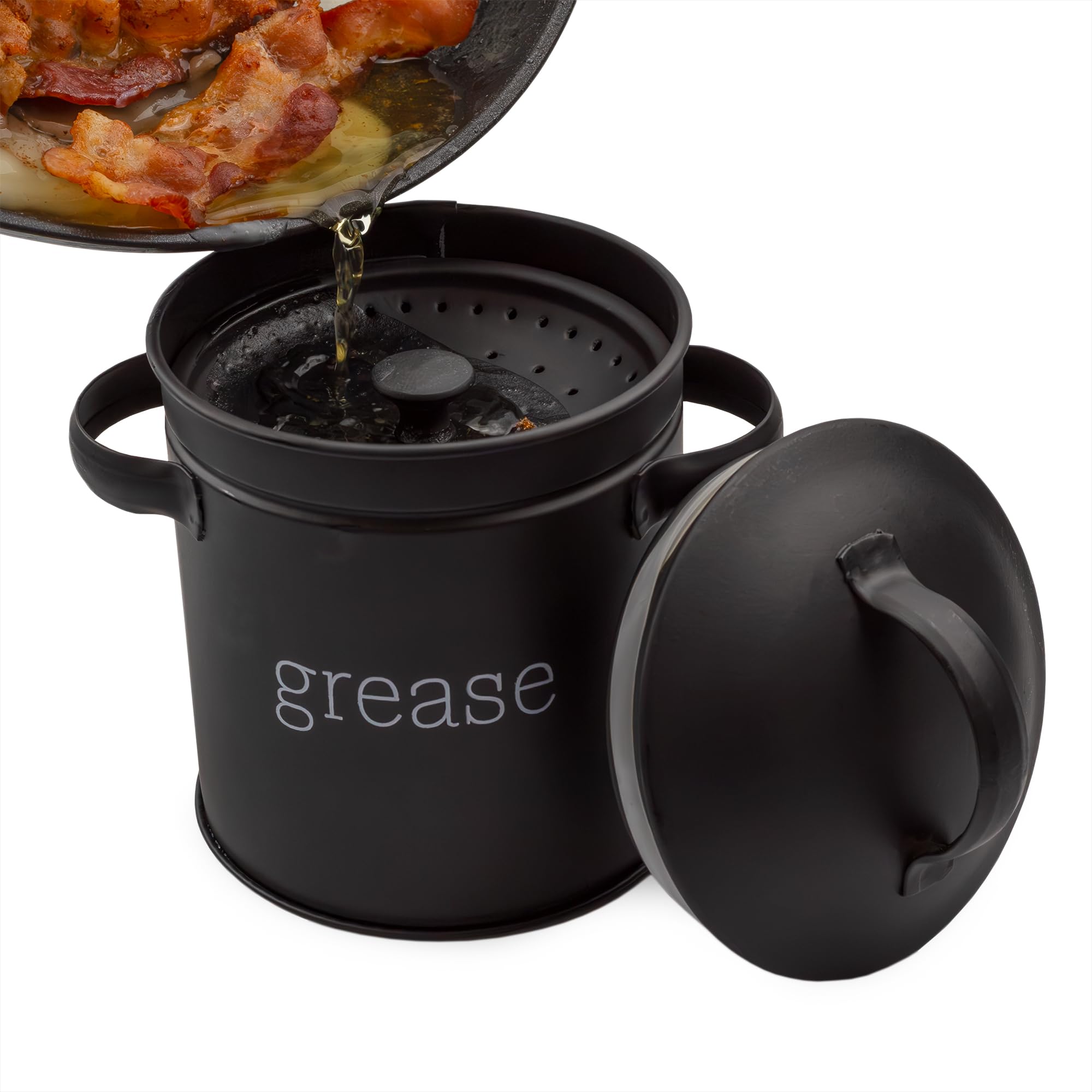 AuldHome Design Enamelware Grease Container w/Strainer (Black), Farmhouse Style Kitchen StorageTin, Labeled Grease