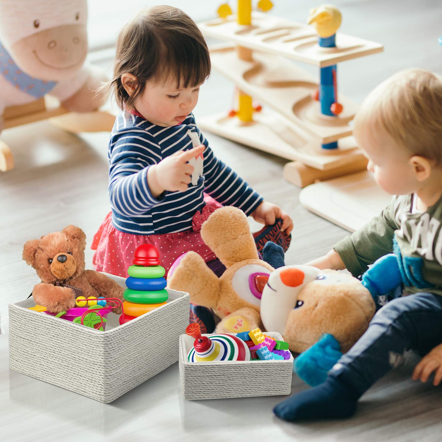 Sorbus Storage Baskets 4-Piece Set - Stackable Woven Basket Paper Rope Bin Boxes For Makeup, Office Supplies, Bedroom, Closet (B