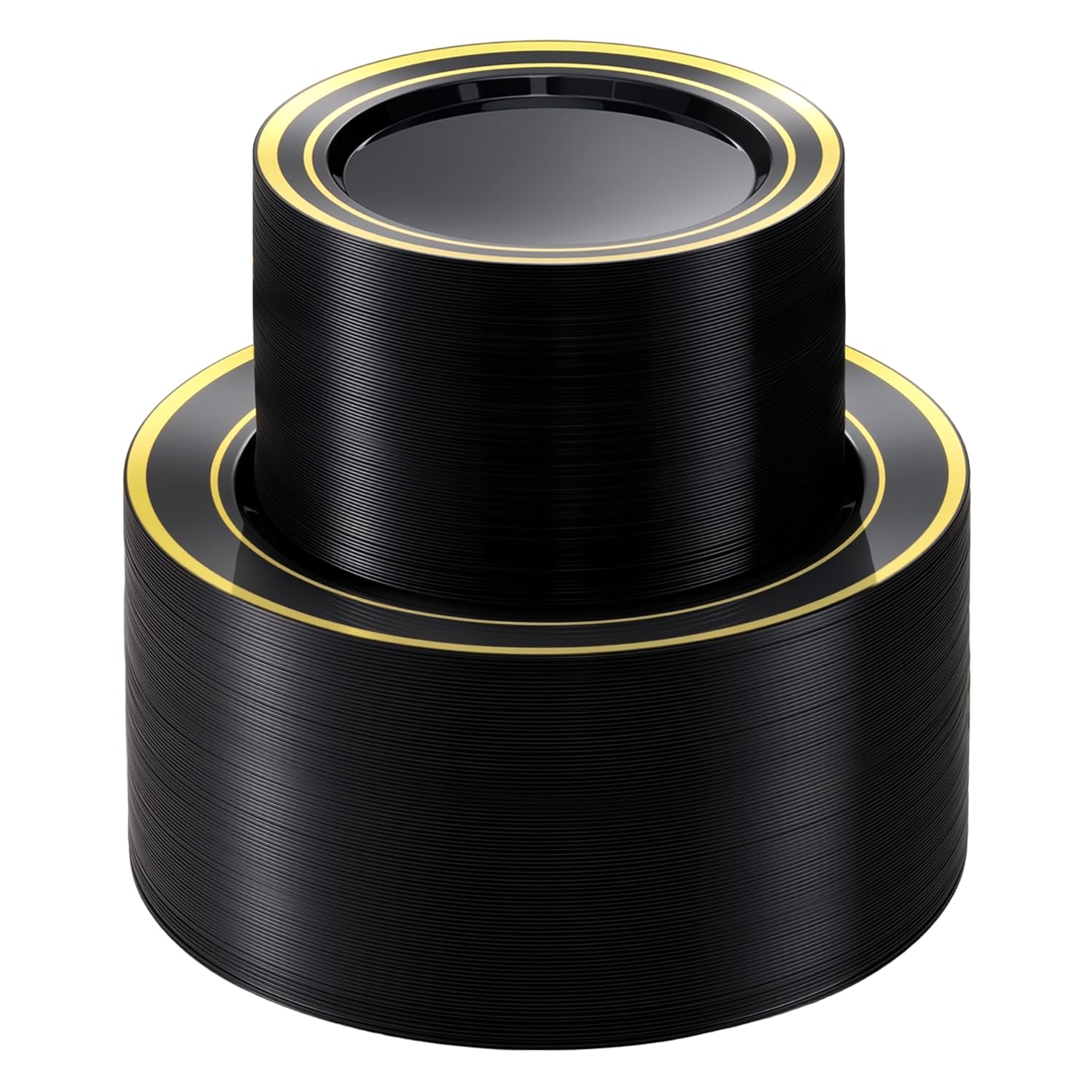 BESTVIP 200PCS Black Plastic Plate with Gold Rim, Disposable Party Plates with 100 Dinner Plates and 100 Dessert Plates, Plastic
