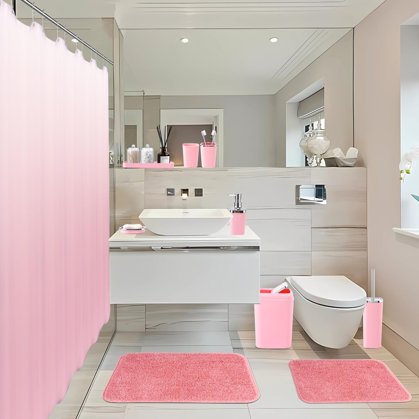 Xlhomo Bathroom Accessory Set-Bathroom Sets With Shower Curtain And Rugs, Non Slip Bathroom Rugs Super Absorbent, Pink Ombre Wat