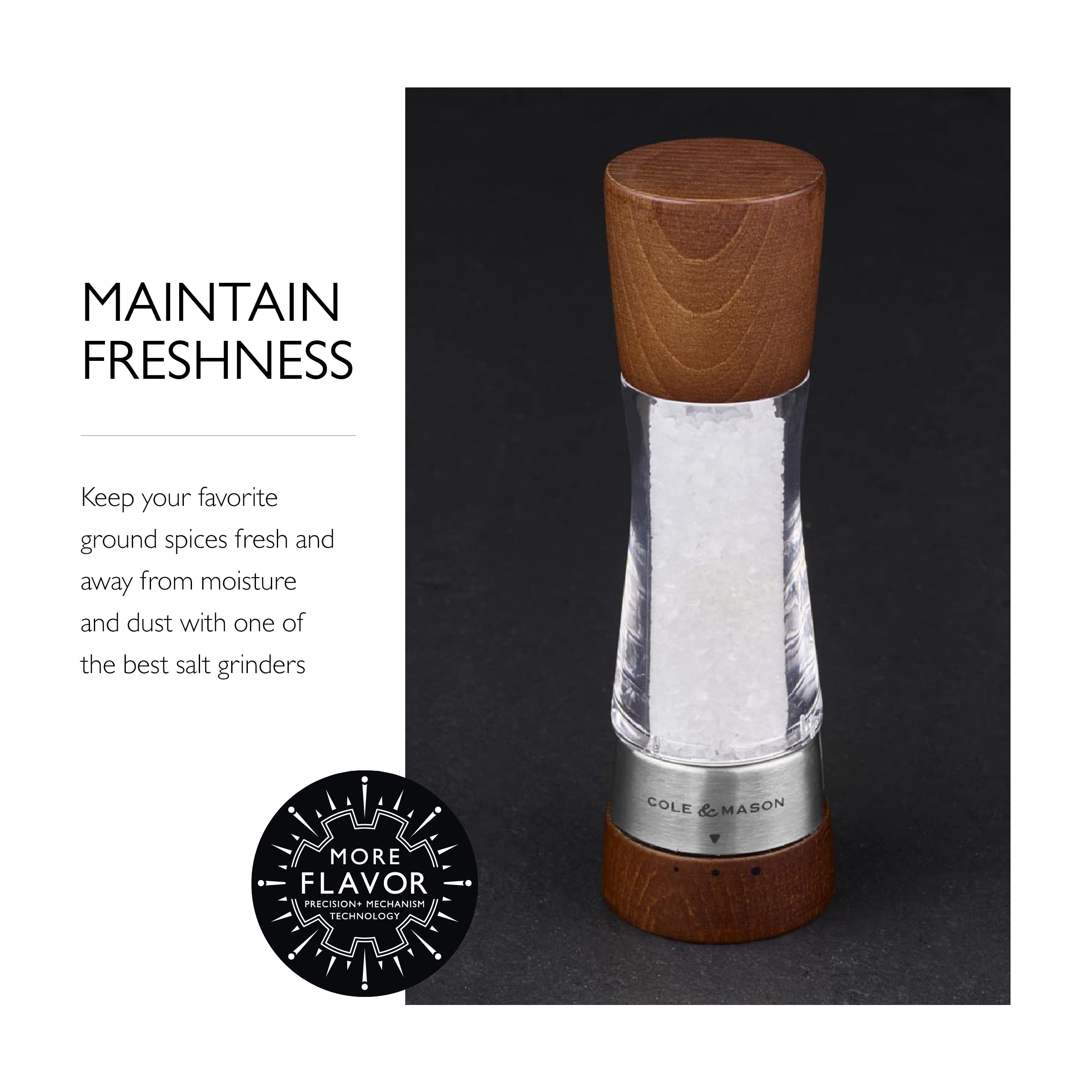 Cole & Mason Derwent Salt Mill - Gourmet Precision Salt Grinder - Refillable Seasoning And Spice Tools - Adjustable Seat, Himala