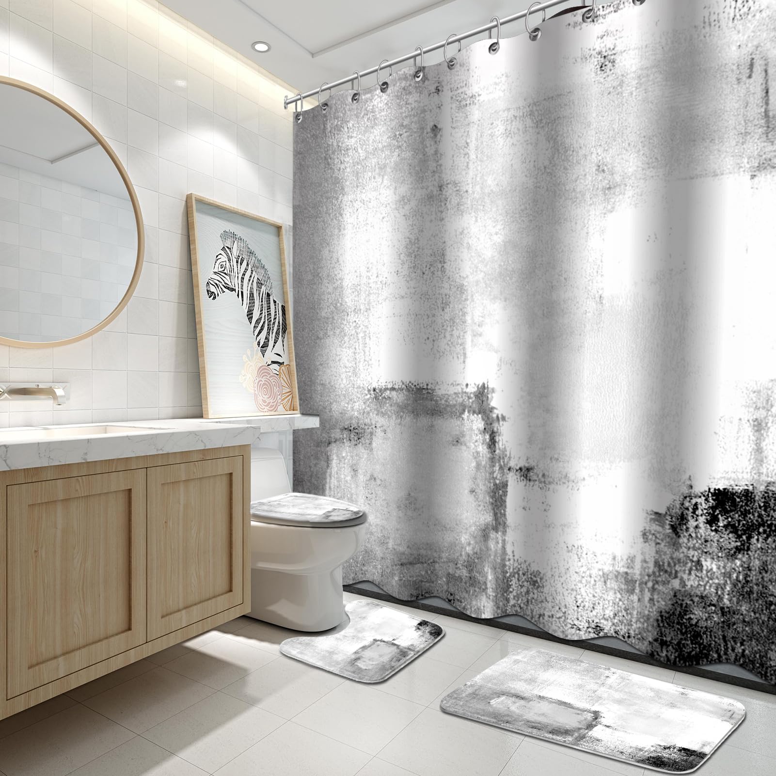 Lnond 4Pcs Bathroom Shower Curtain Sets With Rugs,White Black Painting Art Bathroom Sets With Shower Curtain And Rugs And Access