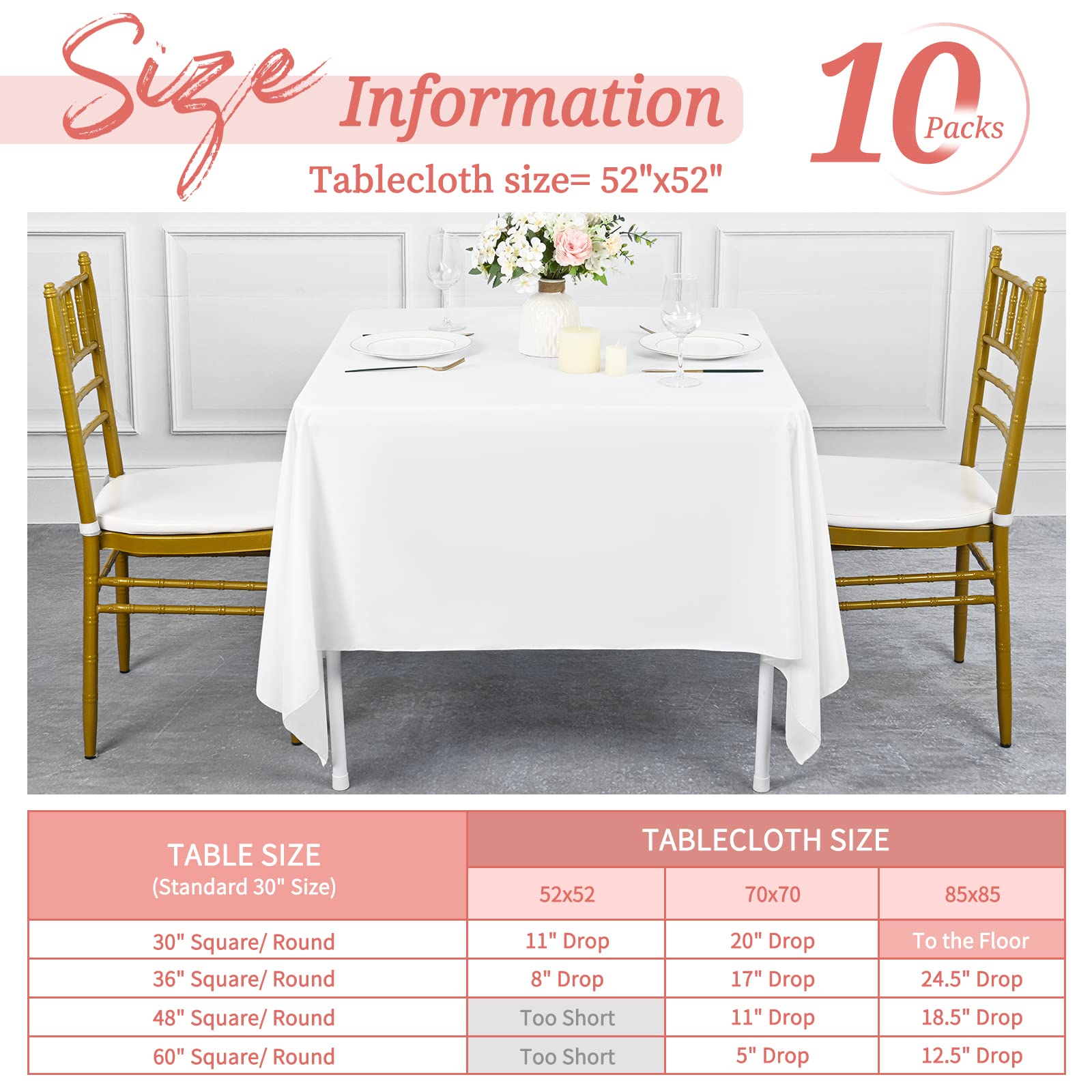 Showgeous 10 Pack Square Tablecloth 52 X 52 Inch White Square Table Cloth,Stain And Wrinkle Resistant Washable Polyester Table C