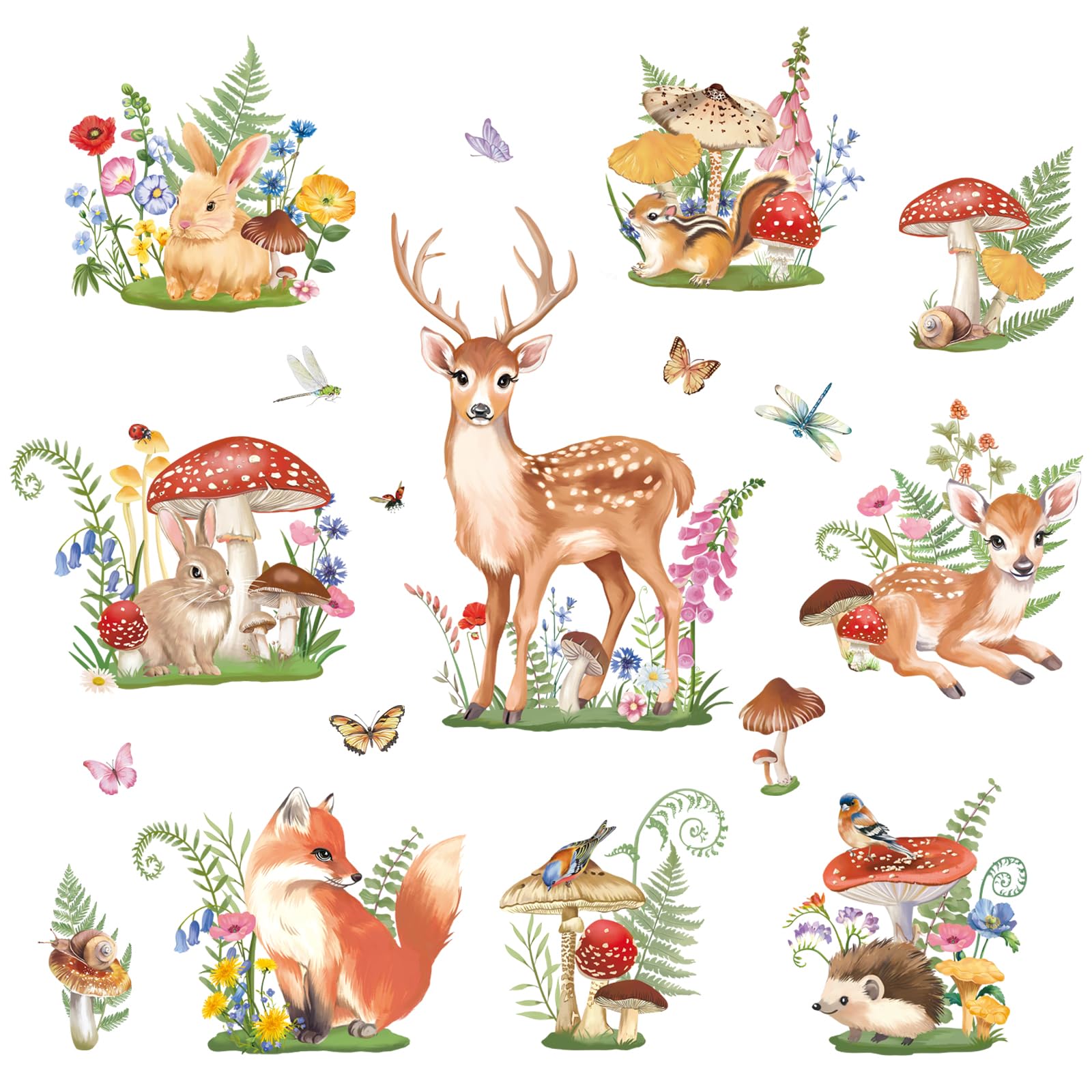 FUFUQUARE Woodland Animal Wall Stickers Deer Mushroom Bunny Fox Wall Peel and Stick Decals for Kids Baby Nursery Classroom Bedro