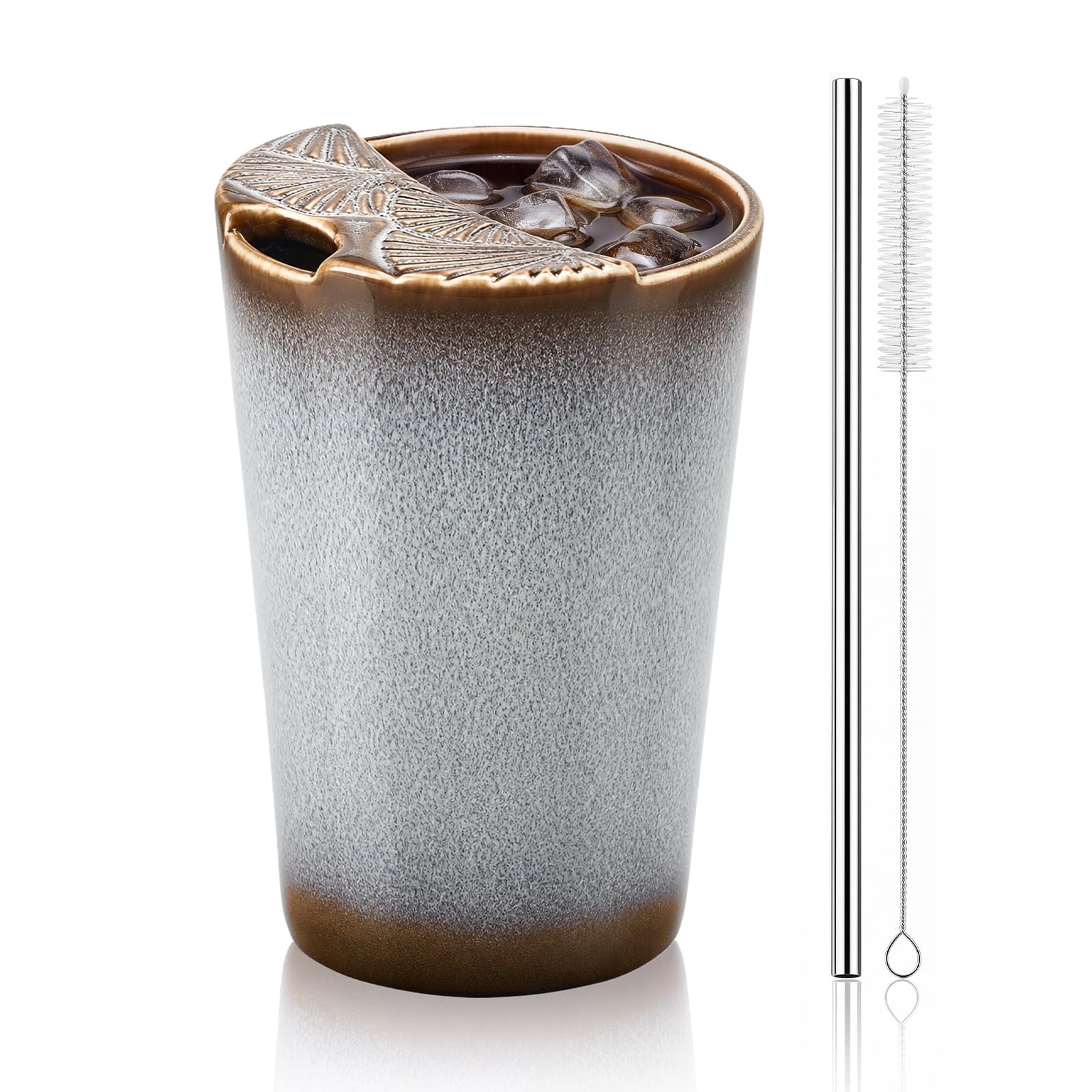 Ferrochef 1 Pack Ceramic Coffee Mug with Sip Hole, 14.5 oz Handleless Tumbler Cup with 1 Reusable Straws and Cleaning Brushes fo