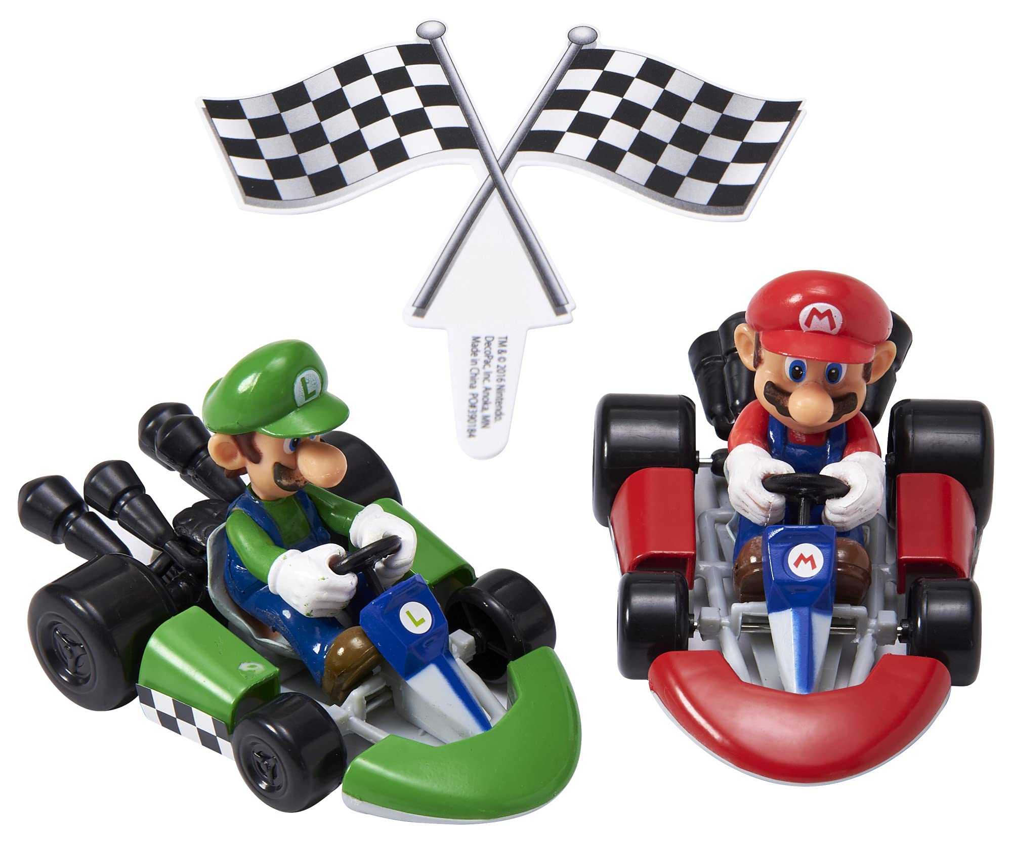 DecoPac Super Mario Kart Cake Topper  2-Pc Cake Topper with Race Car Toppers & Checkered Flag Decoration  Collectible Cars for Hours of Fun After the Party