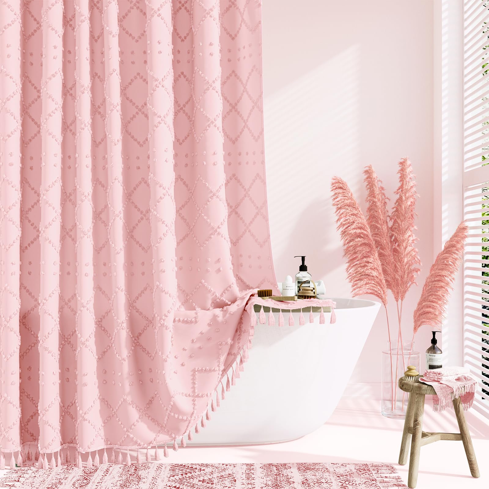 Dynamene Pink Fabric Shower Curtain, Boho Tufted Geometric Striped Tassel Shower Curtain For Bathroom, Shabby Chic Textured Mode