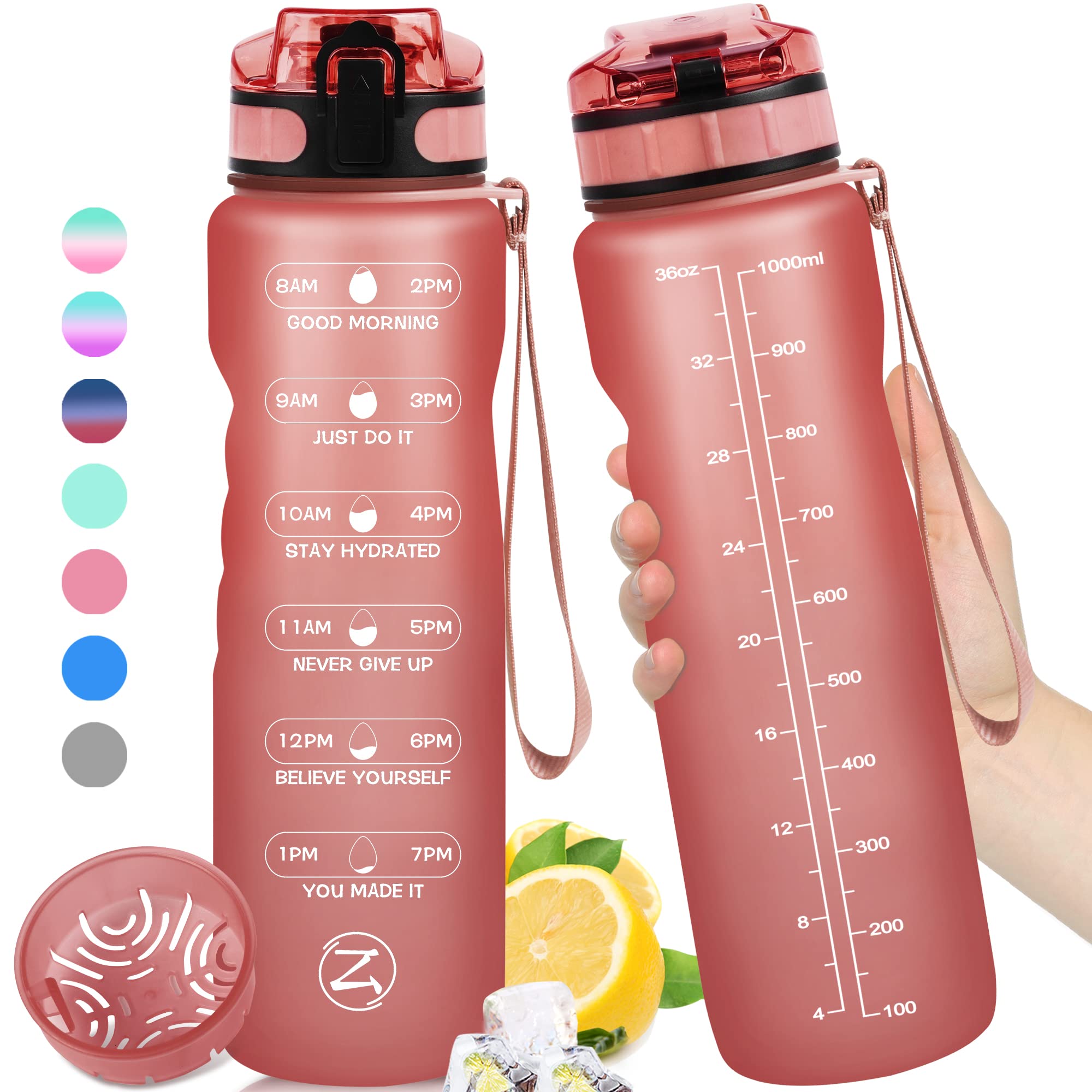 Zomake 32Oz Motivational Water Bottle With Times To Drink,Time Marker & Removable Strainer,Fast Flow,Leakproof Tritan Bpa Free N