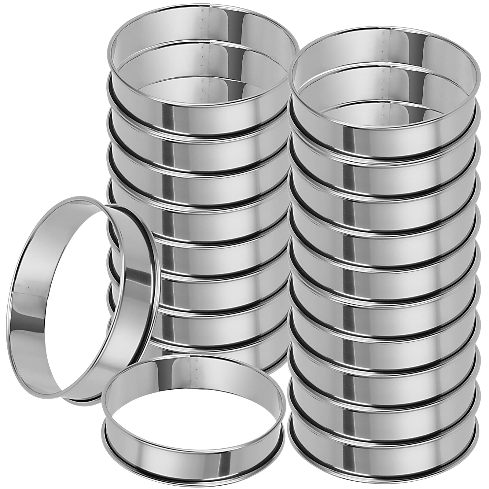 MUKLEI 20 Pack 4 Inch English Muffin Rings, Double Rolled Tart Ring, Stainless Steel Crumpet Rings Nonstick Metal Round Ring Pas