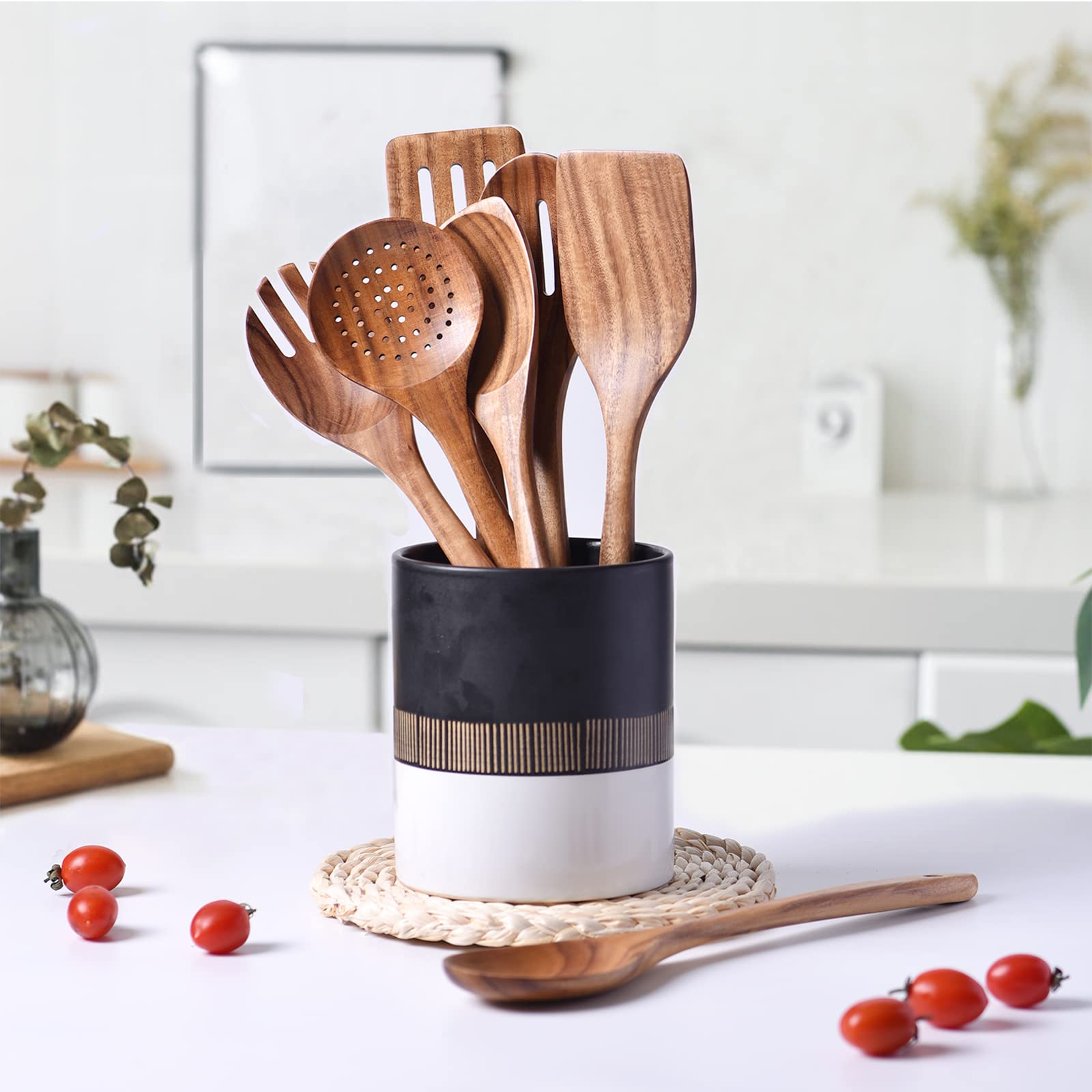 Gudamaye 13 Inch Long Wooden Utensils For Cooking, Long Handle Wooden Spoons For Cooking, 7 Pces Crafting Wooden Spoon Set, Wood