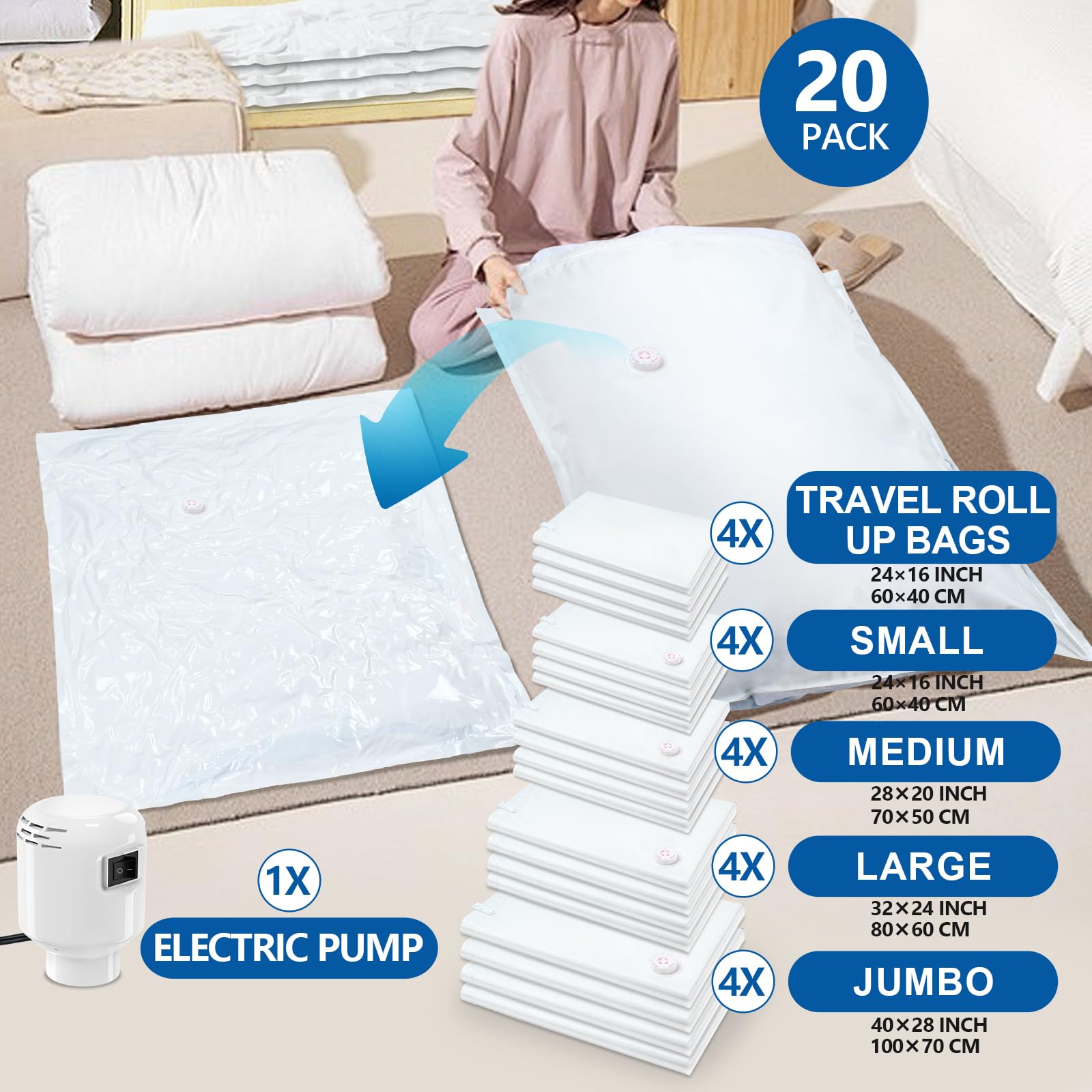 Zxa Vacuum Storage Bags With Electric Air Pump, 20 Pack (4 Jumbo, 4 Large, 4 Medium, 4 Small, 4 Roll Up Bags) Vacuum Seal Bags F