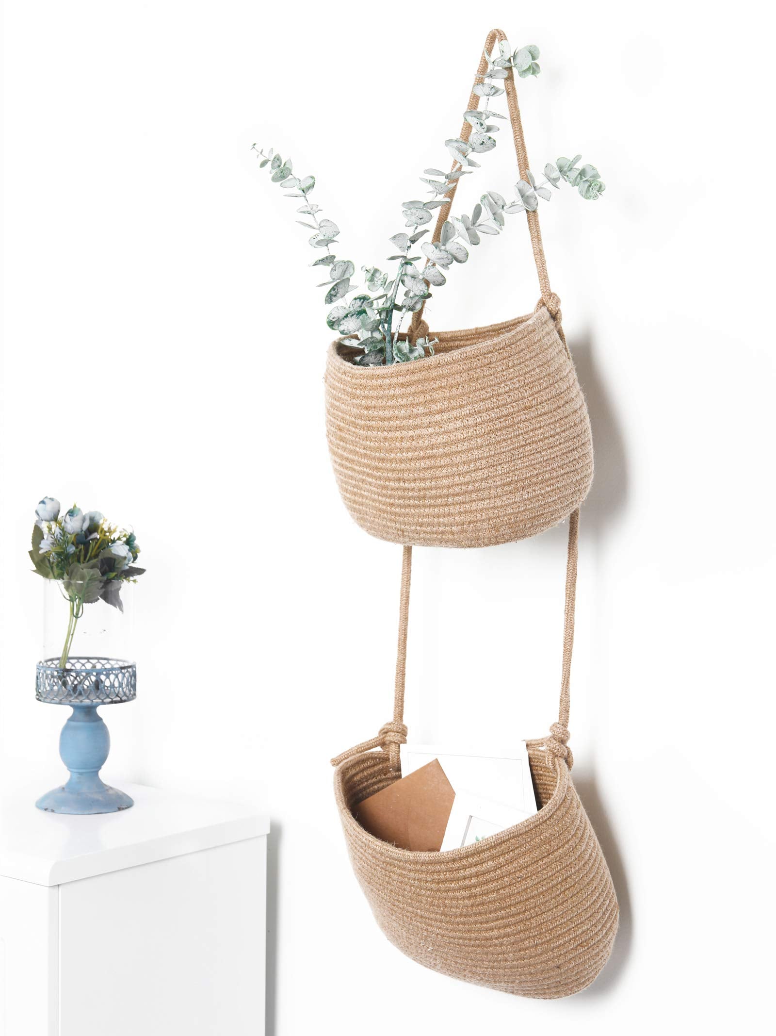 Over The Door Hanging Basket, 2 Tier Cotton Rope Woven Wall Basket, Magazine Racks Hanging Organizer, Decorative Hanging Storage