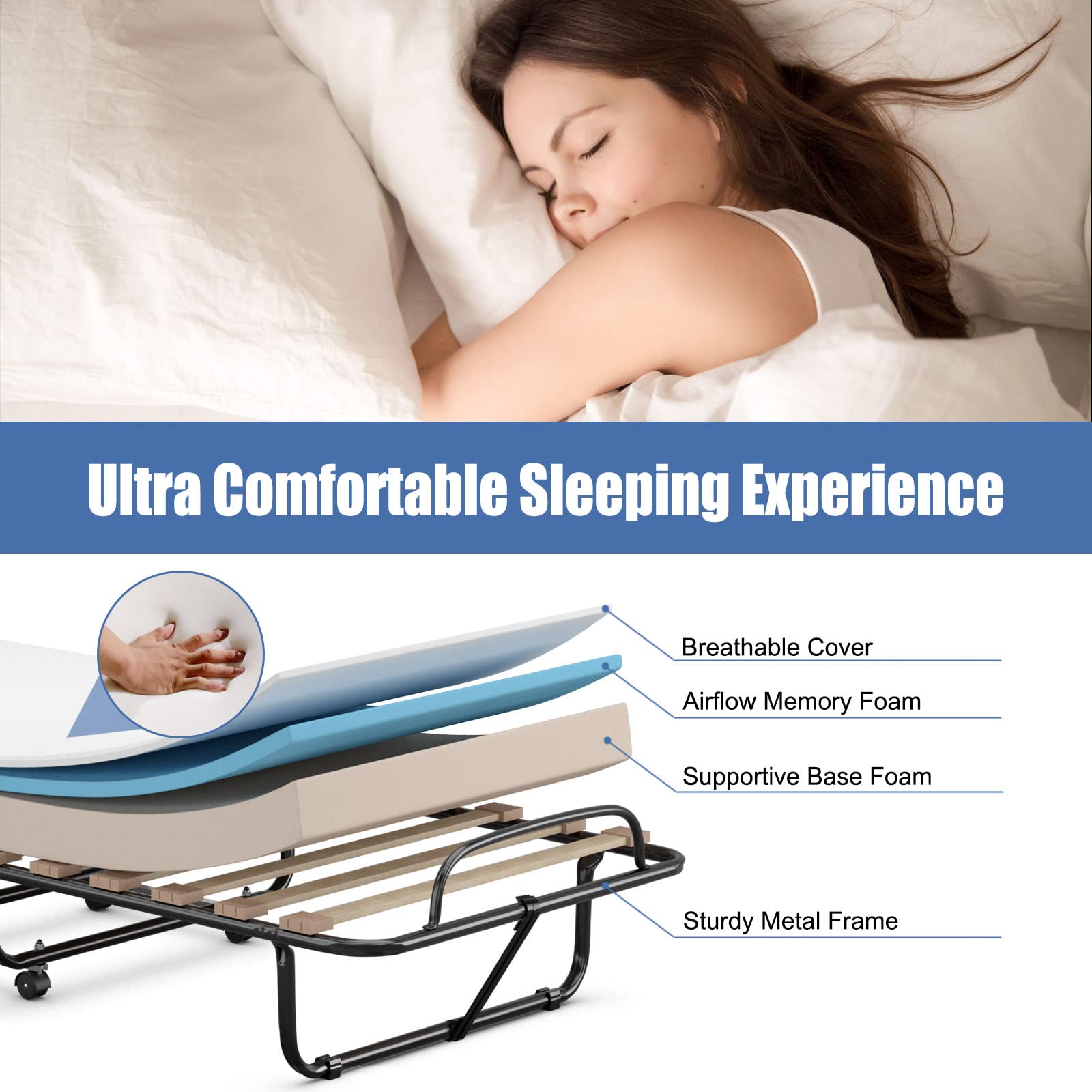 Giantex Folding Bed with Mattress for Adults  Rollaway Guest Beds w/Memory Foam Mattress & Metal Frame  Made in Italy  Cot Size Rollaway Bed  Portable Foldable Sleeper Bed for Home  Beige